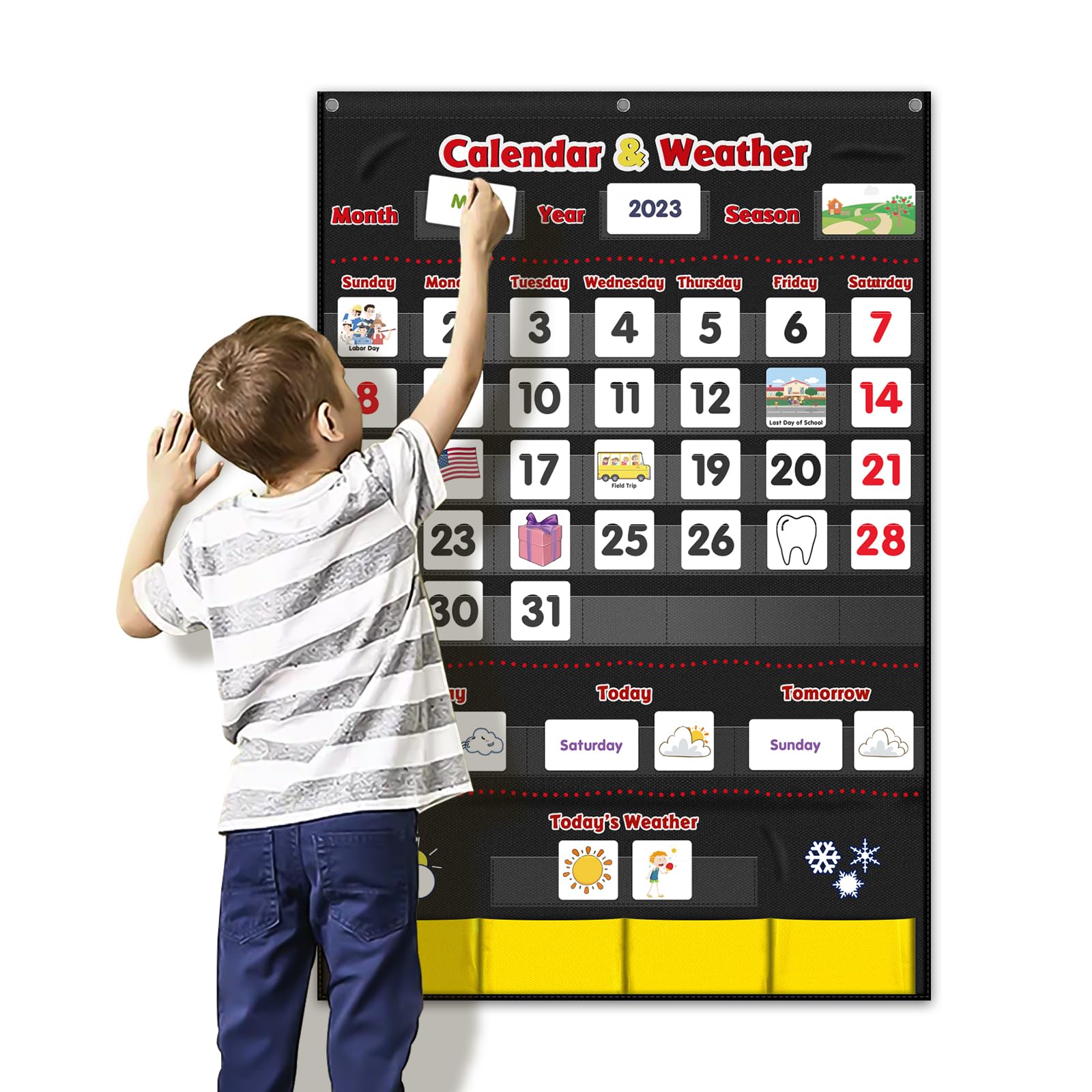Godery Calendar and Weather Pocket Chart - 149 Pieces Classroom Organization Tool for Teachers (Black) | Perfect for Daily Schedule, Weather Tracking & Student Activities in Preschool & Elementary School