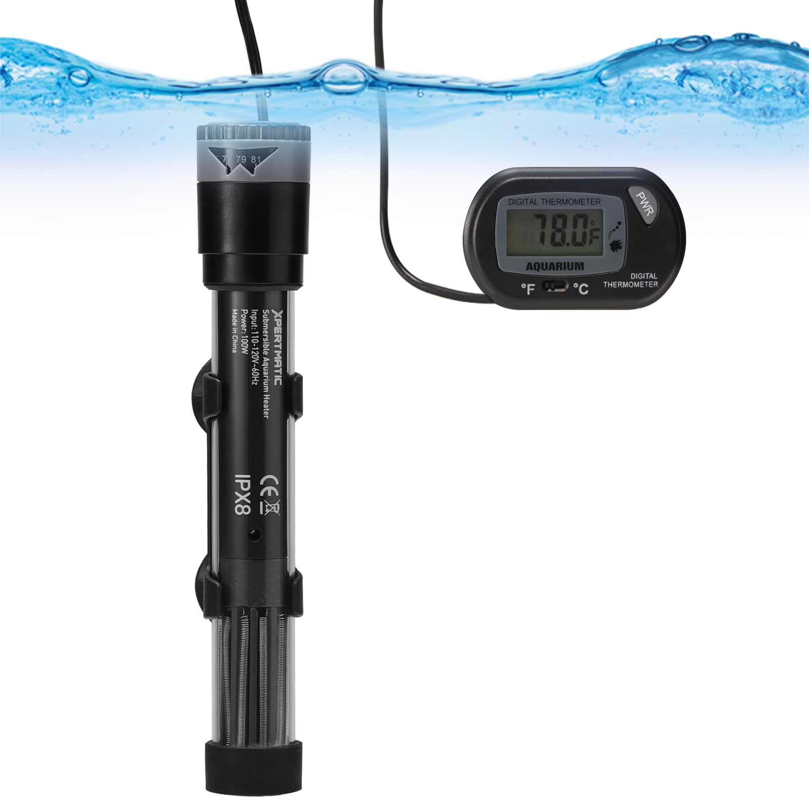 SainSmart XpertMatic 100W Submersible Aquarium Heater with Adjustable Thermostat & Suction Cups - for Marine Saltwater & Freshwater Fish Tanks up to 20 Gallons - Perfect for Tropical Fish, Betta Tanks & Aquatic Pets