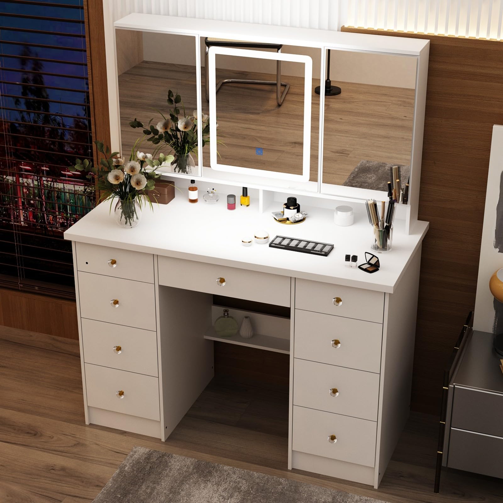 MOUMON White Makeup Vanity Desk with LED Lights & Crystal Handles - 43.3