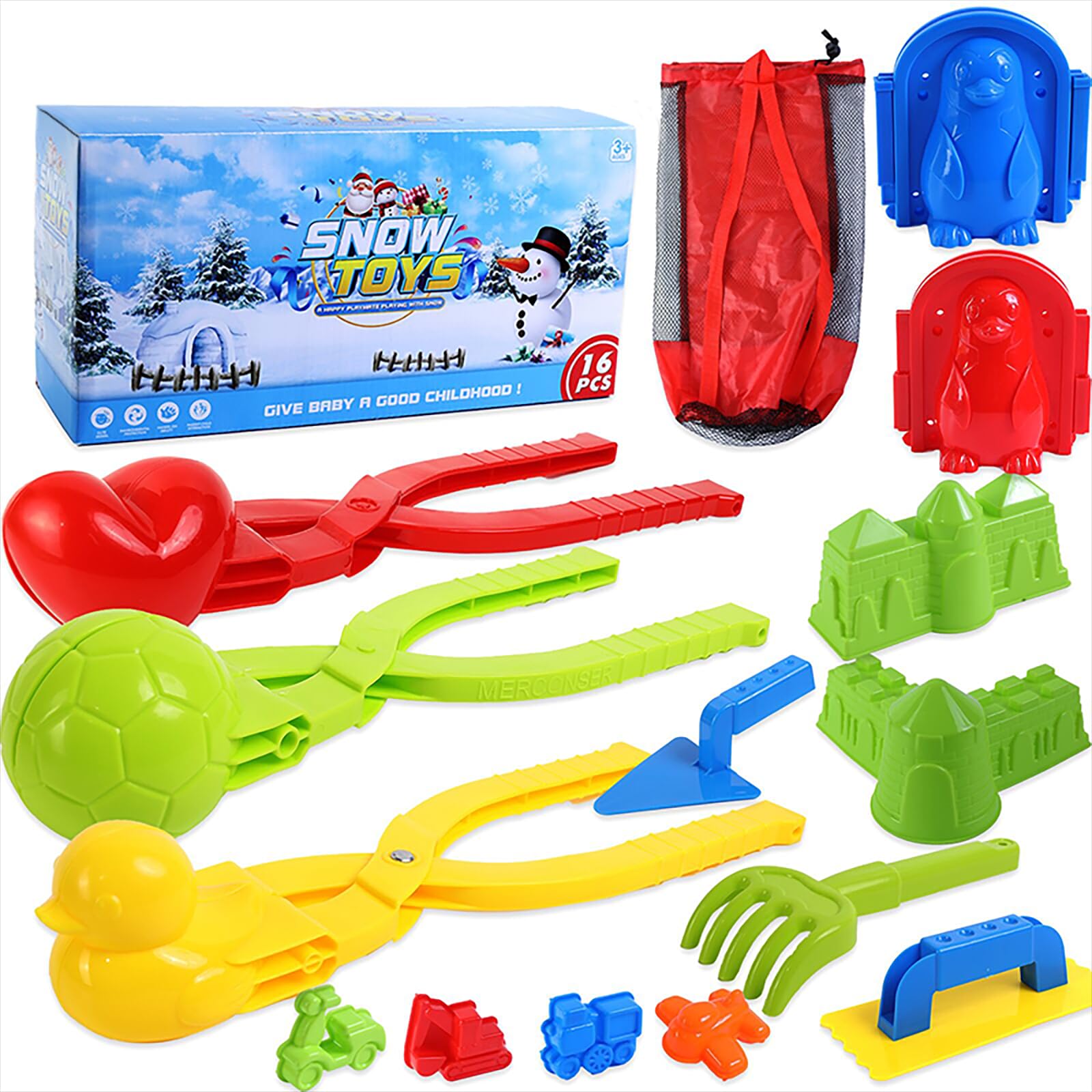 16Pcs Snowball Makers Kit with Storage Bag - Duck Penguin Snowman Shaped Winter Toys for Kids & Adults - Perfect for Outdoor Snow Play, Snowball Fights & Winter Family Fun