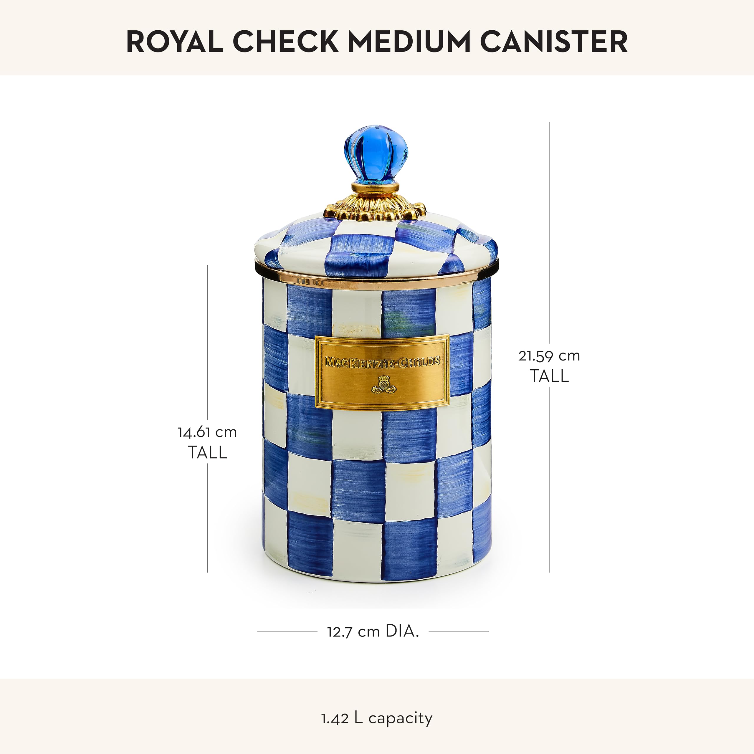 MACKENZIE-CHILDS Medium Enamel Canister - 1.42L Kitchen Storage Container for Flour, Sugar & Dry Goods | Airtight Food Organizer | Blue & White Royal Check Design | Perfect for Pantry, Baking & Countertop Decor