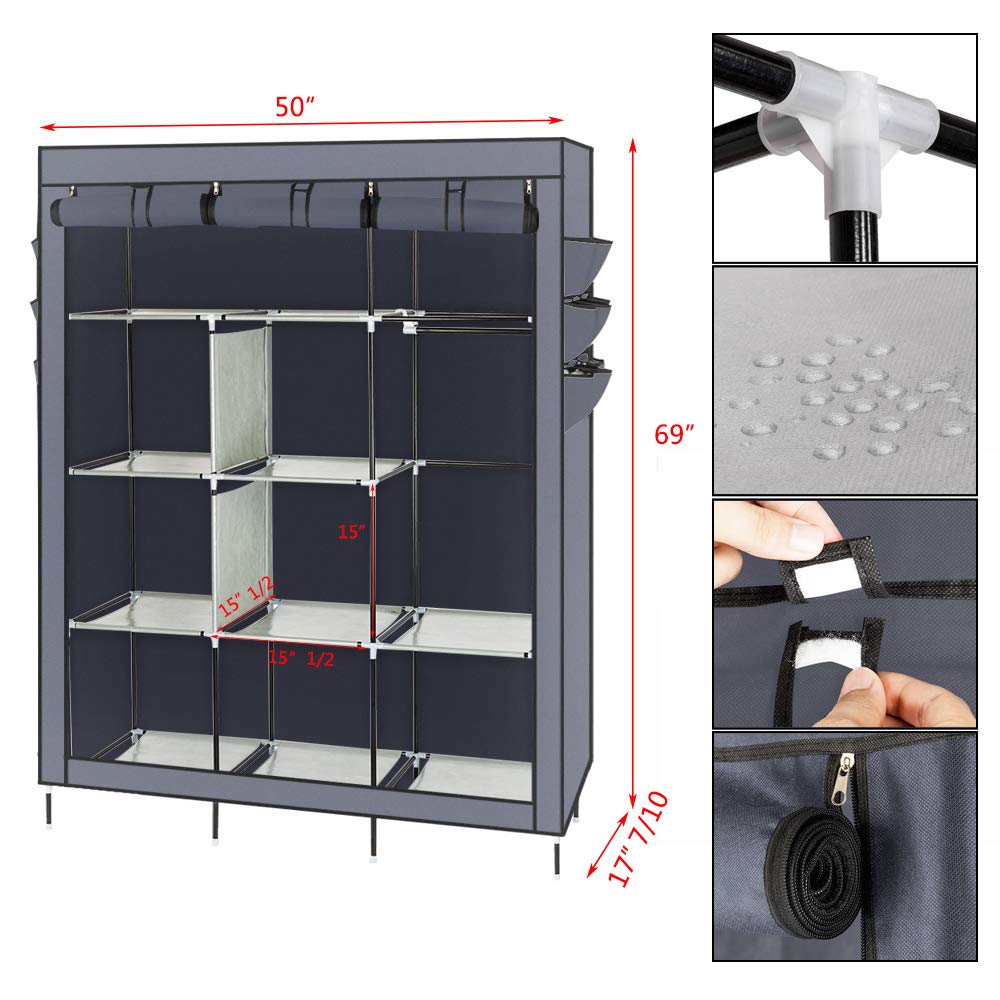 69 Inch Portable Clothes Closet Wardrobe Storage Organizer with Non-Woven Fabric - Quick Assembly, Heavy Duty & Durable for Closet Organization (Gray) - Perfect for Bedroom, Dorm, Apartment & Small Spaces