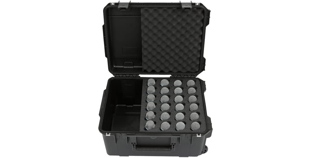 SKB Injection Molded Microphone Case with Foam Insert - Holds 24 Mics, Storage Compartment & Wheels - Perfect for Studio, Live Performances & Equipment Transport