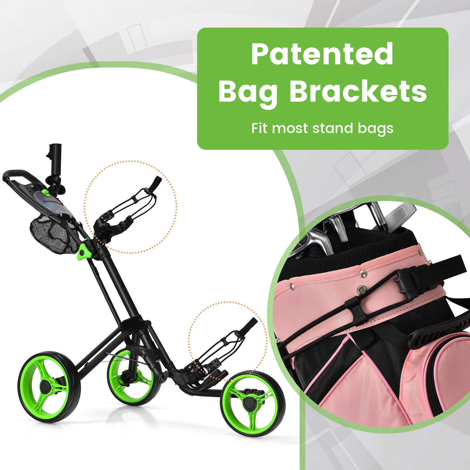 Ultimate 3 Wheel Golf Push Cart - Lightweight Folding Golf Trolley with Scorecard Holder, Cup Holder, Umbrella Holder & Golf Bag Holder - Includes Mesh Storage Bag, Adjustable Handle & Foot Brake - Perfect for Golf Courses, Driving Ranges & Outdoor Practice Sessions