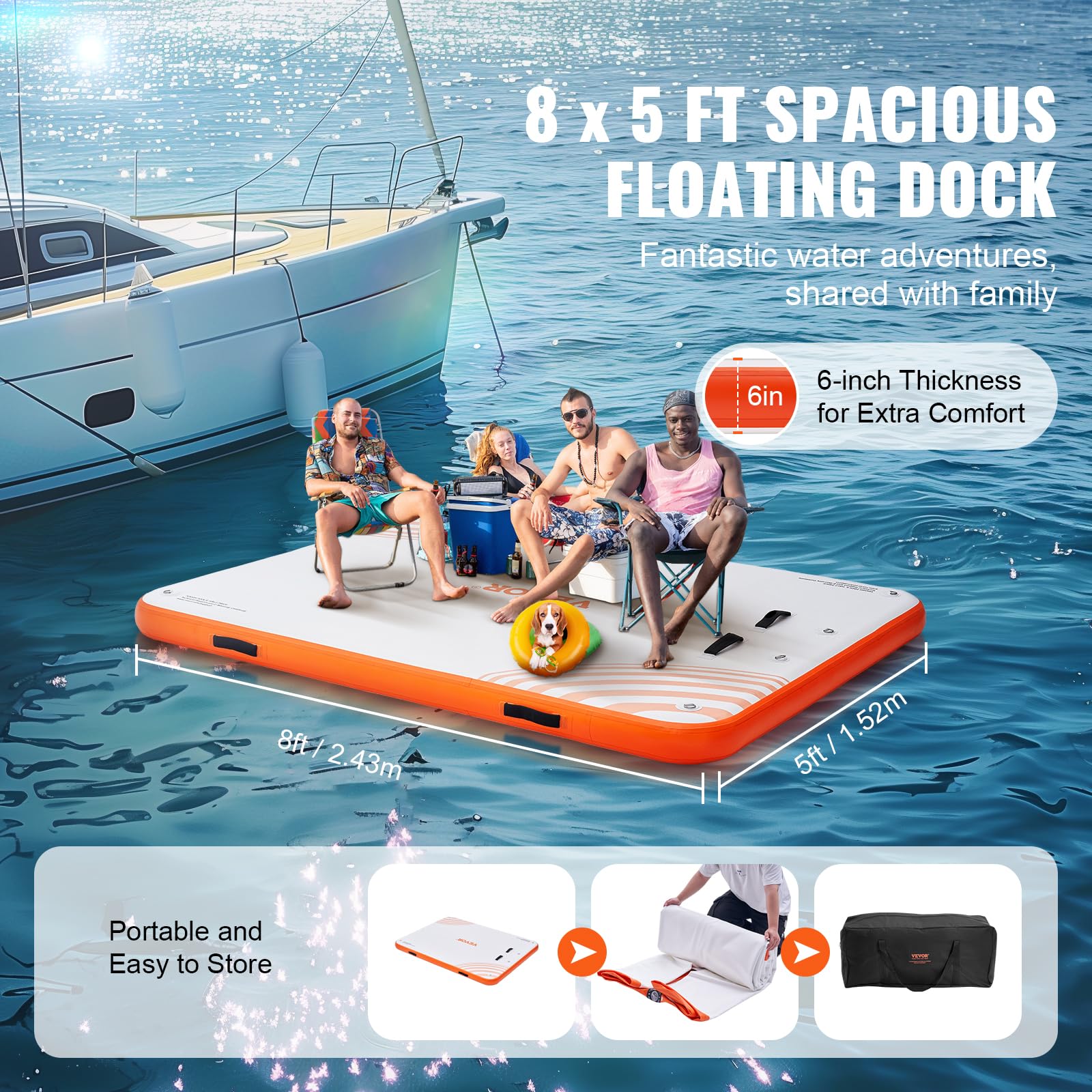 VEVOR 8x5FT Inflatable Floating Dock with Non-Slip Surface, Portable Carrying Bag & Detachable Ladder - Perfect for Pool, Beach, Lake, and Ocean Use | Water Platform, Island Raft for Swimming, Relaxing, and Water Activities