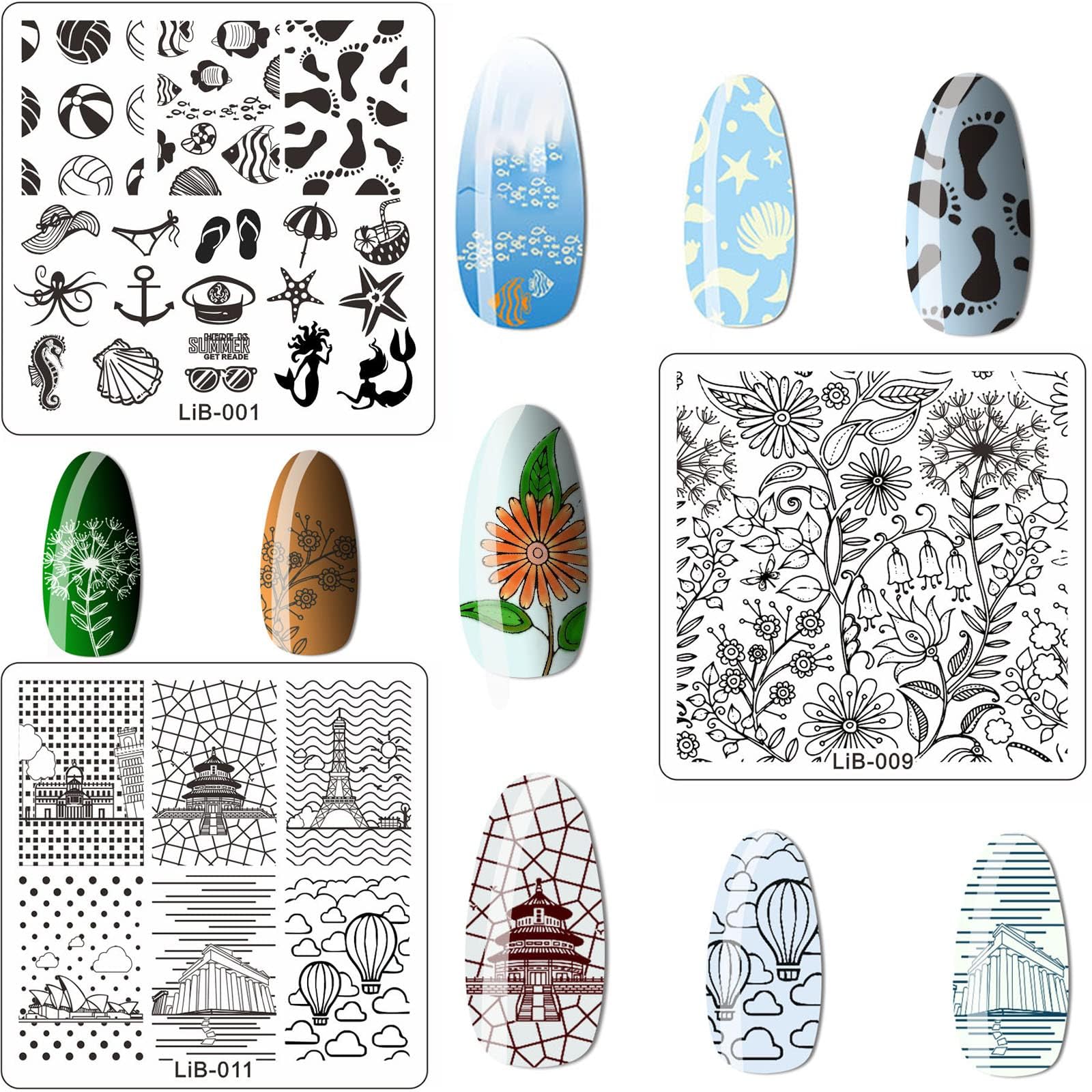 12pcs Nail Stamping Plates Kit with Scraper & Silicone Stamper - Floral Animal Mandala Mermaid Designs for Professional Nail Art | Perfect for DIY Manicures, Salon Use, and Holiday Nail Designs (Christmas, Summer)