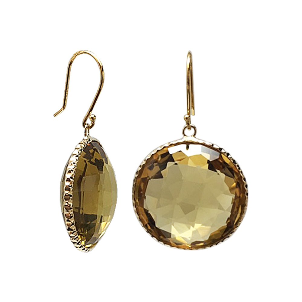 14K Yellow Gold Citrine Round 20mm Earrings for Women | Gem Stone King | Elegant Dangle Earrings for Party, Wedding & Evening Wear
