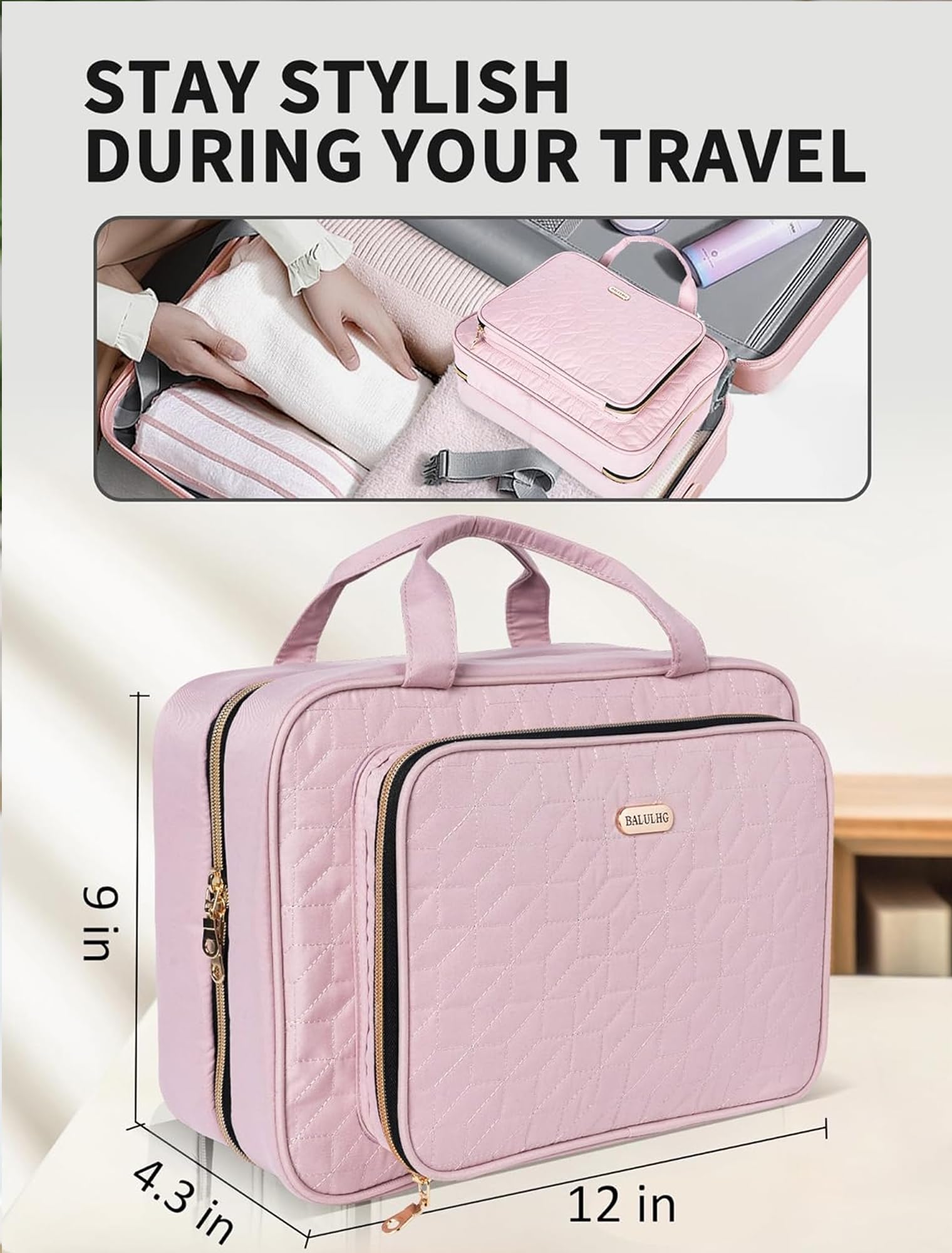 Waterproof Pink Hanging Toiletry Bag for Travel - Large Cosmetic Makeup Organizer with Hook for Shampoo, Toiletries & Full-Sized Products | Perfect for Airplane Carry-On, Gym, Camping & Vacation Essentials