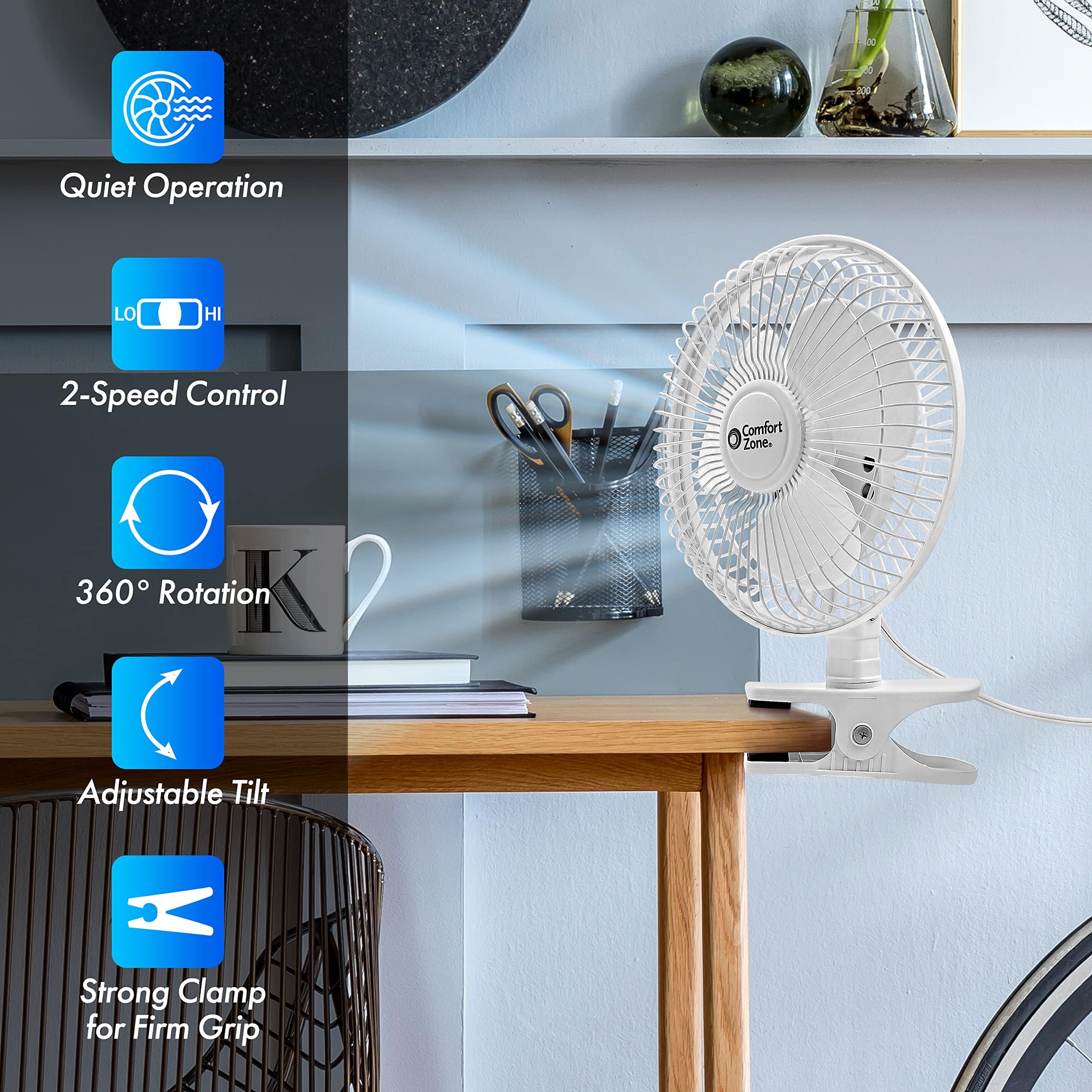 6 Inch Portable Clip on Fan - Adjustable Tilt, Quiet 2-Speed Electric Mini Desk Fan for Home, Office, Dorm | 6.53 ft/sec Airflow | Perfect for Bedroom Cooling, Workspace Ventilation & Personal Air Circulation