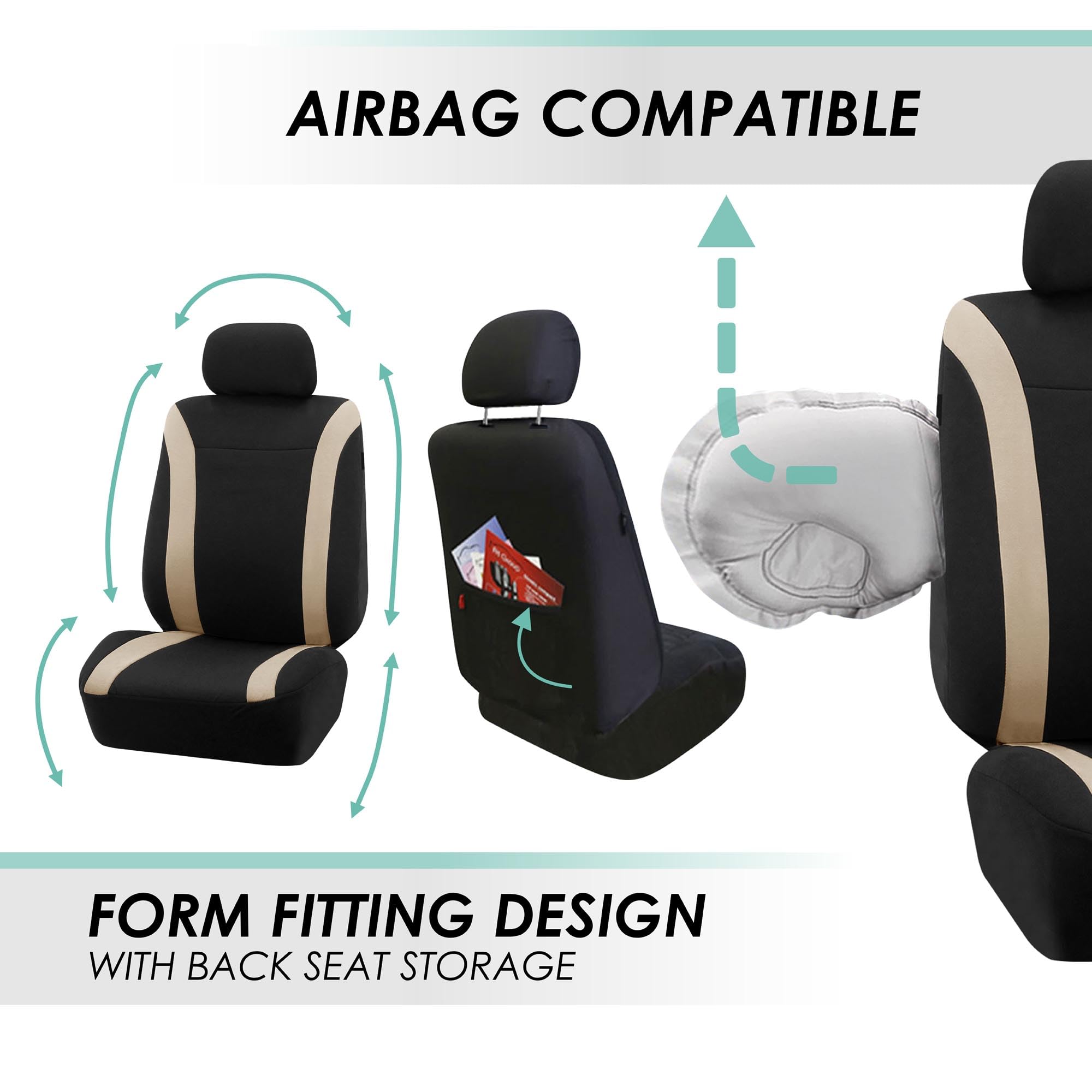 FH Group Universal 3-Row Beige Automotive Seat Covers - Airbag Compatible Split Rear Design for Cars, Trucks & SUVs | Premium Interior Accessories for Comfort & Protection | Perfect for Road Trips, Family Travel & Daily Commute