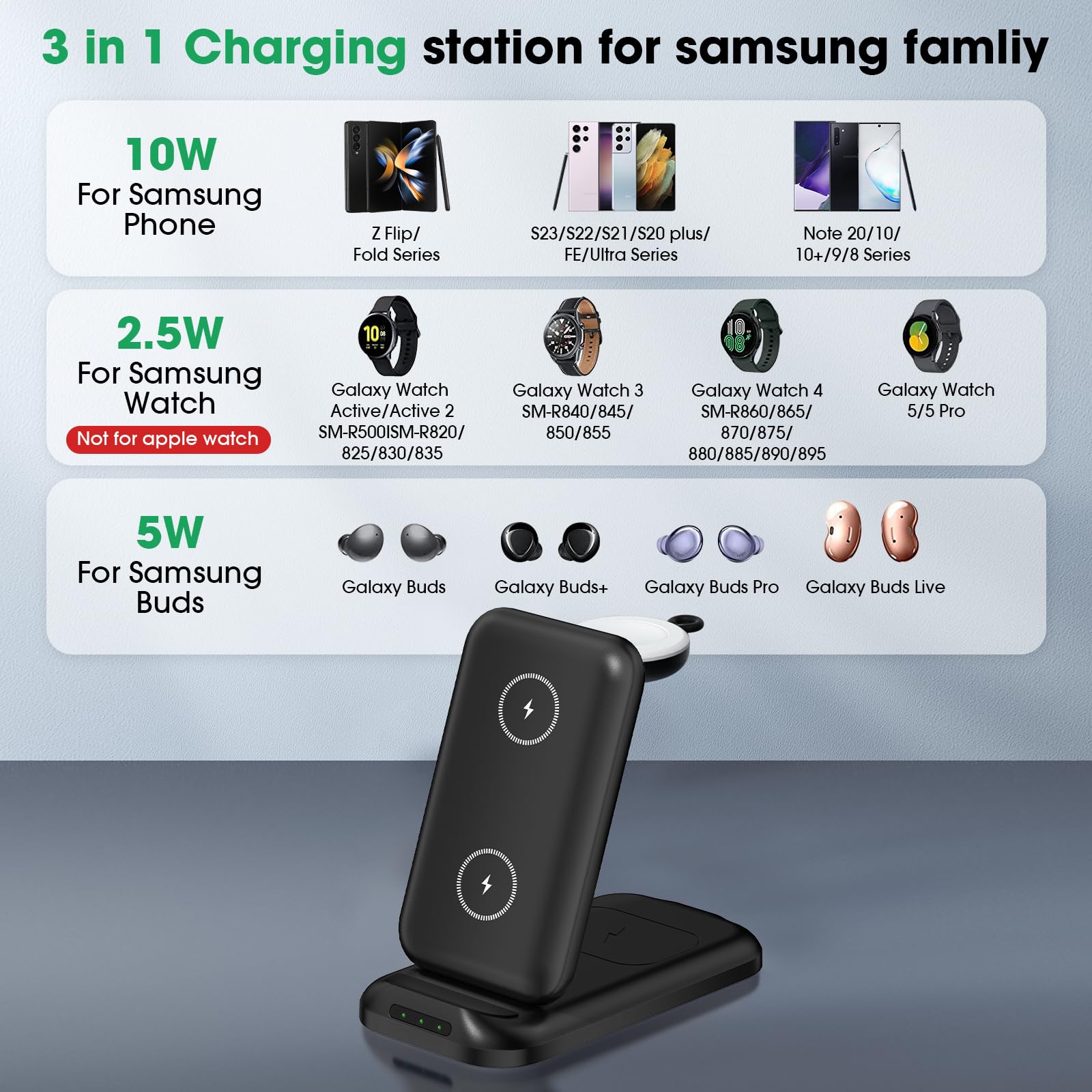 3-in-1 Fast Wireless Charging Station for Samsung Galaxy - Compatible with Watch Ultra/7/6/5/4, S24/S23/S22/S21 Series, Z Fold/Flip 6/5/4/3 & Buds - Perfect for Home, Office & Travel Charging Needs