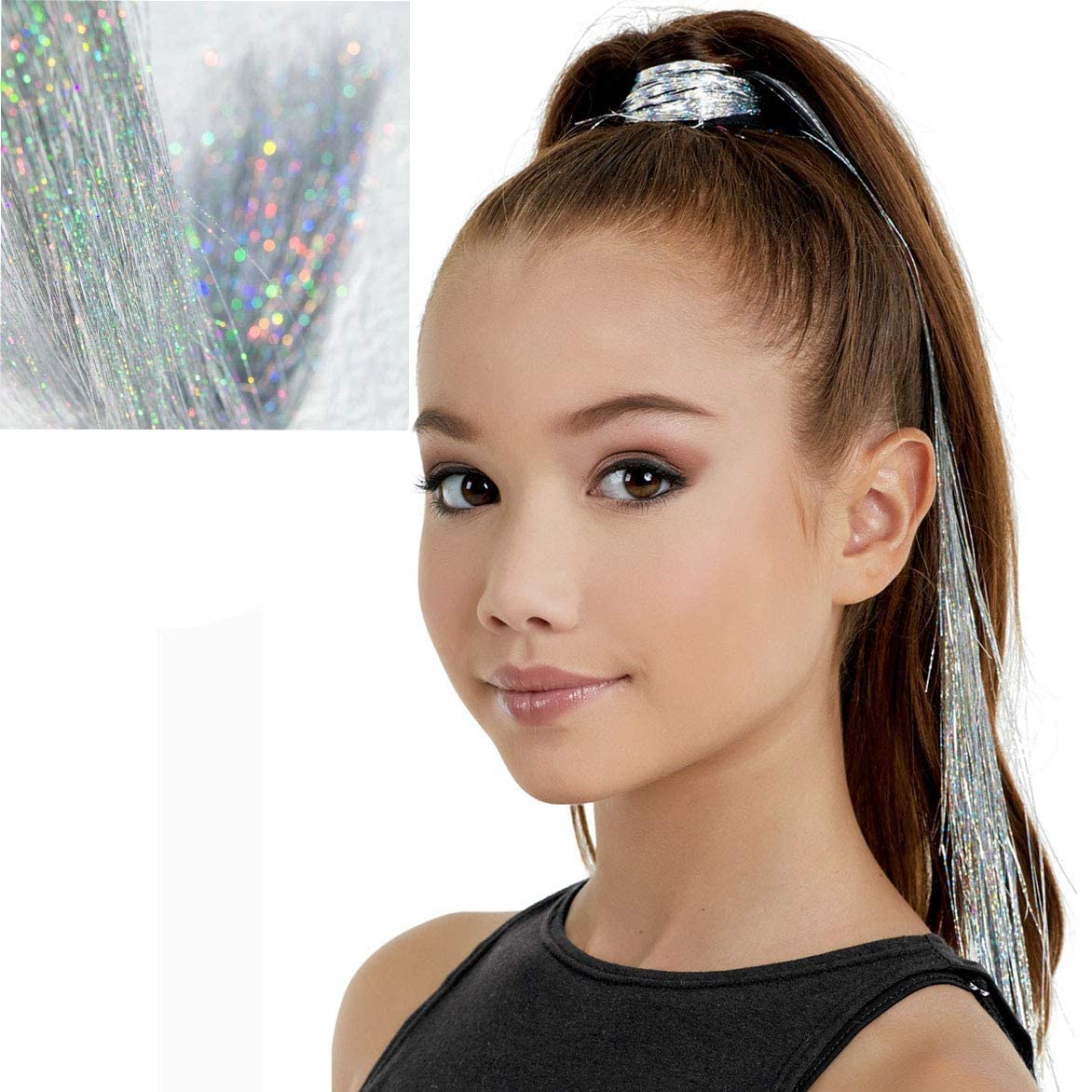 AKADO Glitter Hair Tinsel Extensions - 6 Pack Multicolor Holographic Sparkle Hair Strands for Women & Girls | Shiny Straight Hair Accessories for Parties, Festivals & Cosplay