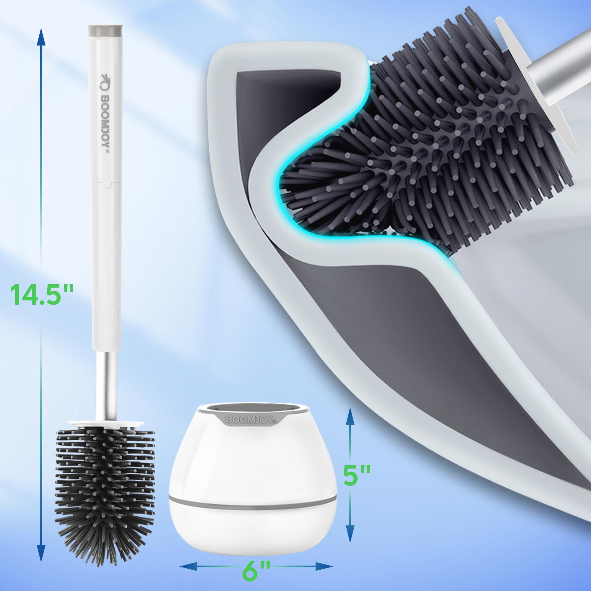 BOOMJOY Silicone Toilet Brush and Holder Set with Aluminum Handle - White | Bathroom Cleaning Kit Includes Bowl Brush & Tweezers | Durable Toilet Cleaner for Home, Apartment & RV Use