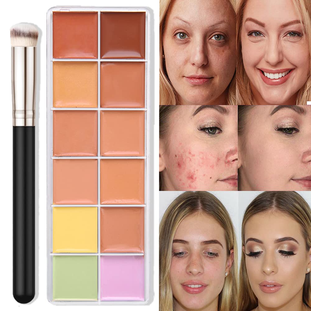 12 Color Correcting Concealer Palette with Brush - Cream Contour Makeup Kit for Dark Circles, Redness & Scars - Tattoo Cover Up - Light to Medium Skin Tones - Perfect for Professional Makeup & Everyday Beauty Routine