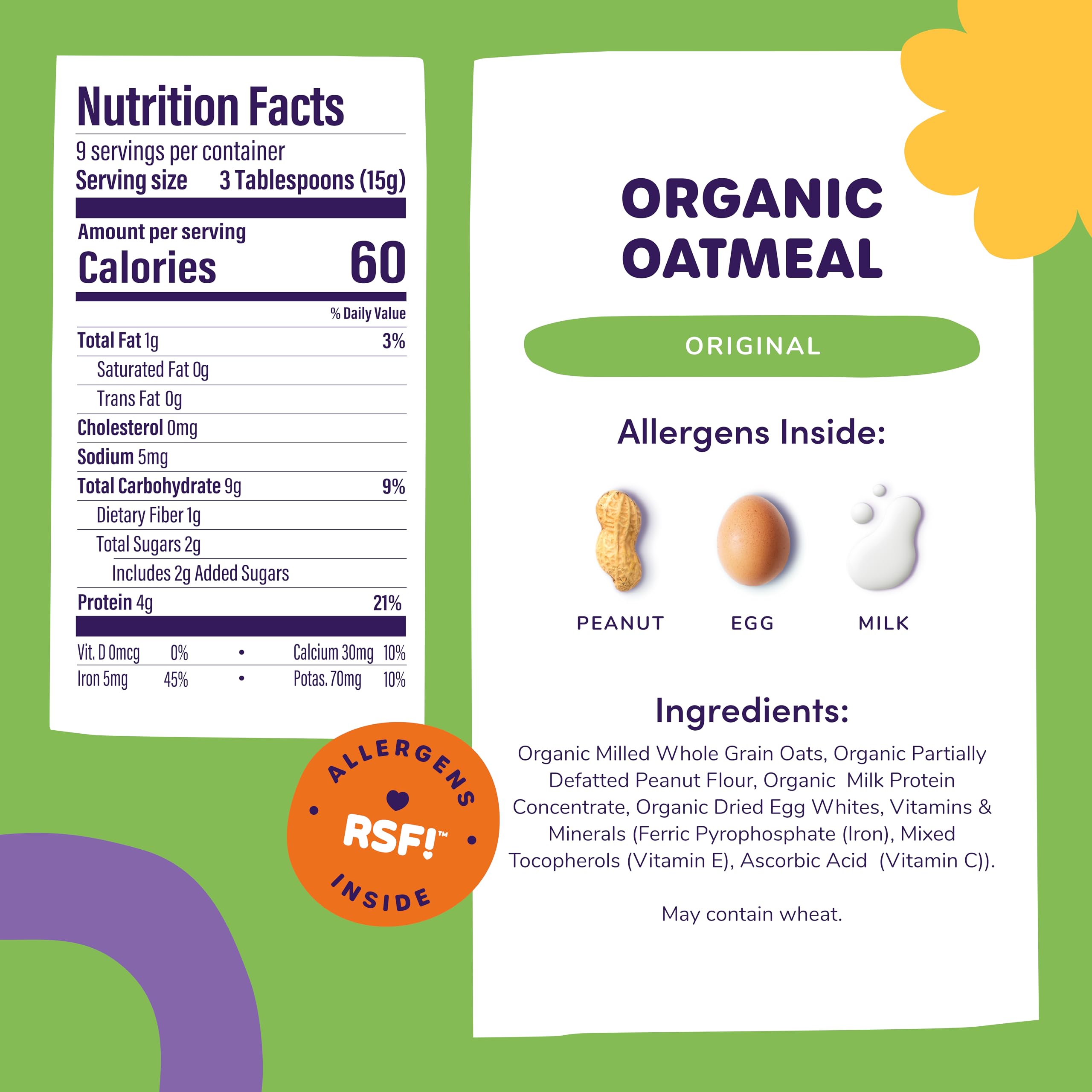 Organic Baby Oatmeal Cereal with Peanuts, Egg & Milk - Early Allergen Introduction for Babies 6+ Months | Ready Set Food Safe & Easy Organic Baby Food | 2-Pack for Home & Daycare Use