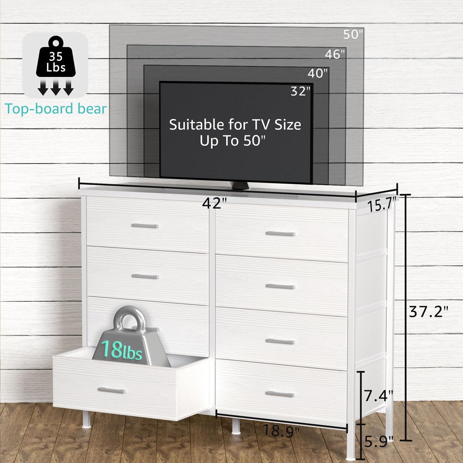 Modern White 8-Drawer Dresser for Bedroom - Wide Dresser TV Stand for 50