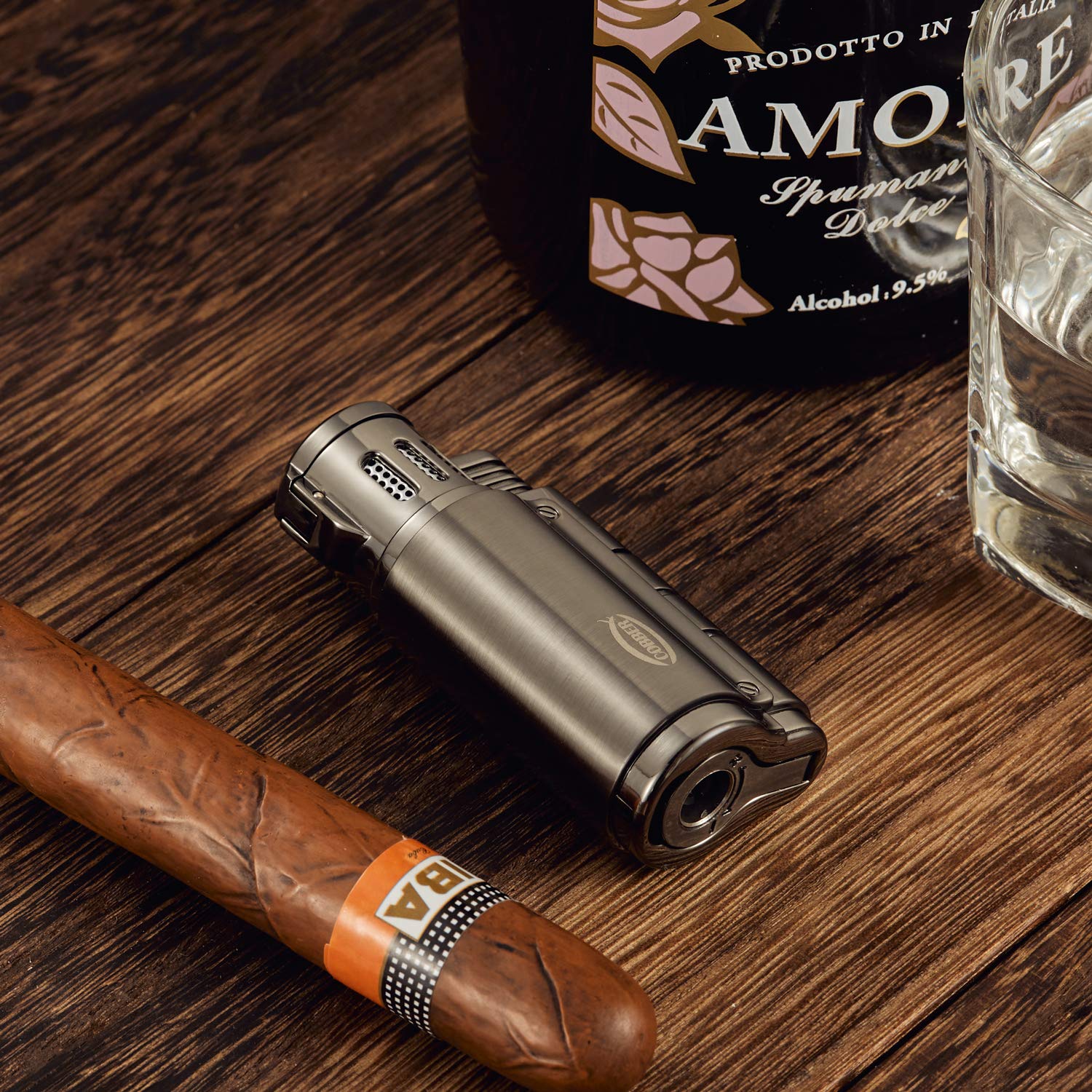 Windproof Triple Jet Flame Cigar Lighter with Punch - for Smoking & Outdoor Use