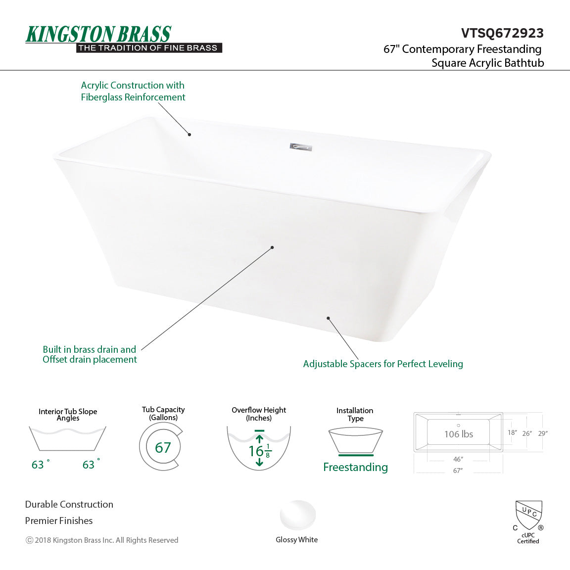 Aqua Eden 67-Inch Acrylic Freestanding Bathtub - Rectangular Double-Ended Soaking Tub with Drain, Glossy White Finish | Perfect for Master Bathroom, Spa Retreat & Luxury Home Relaxation