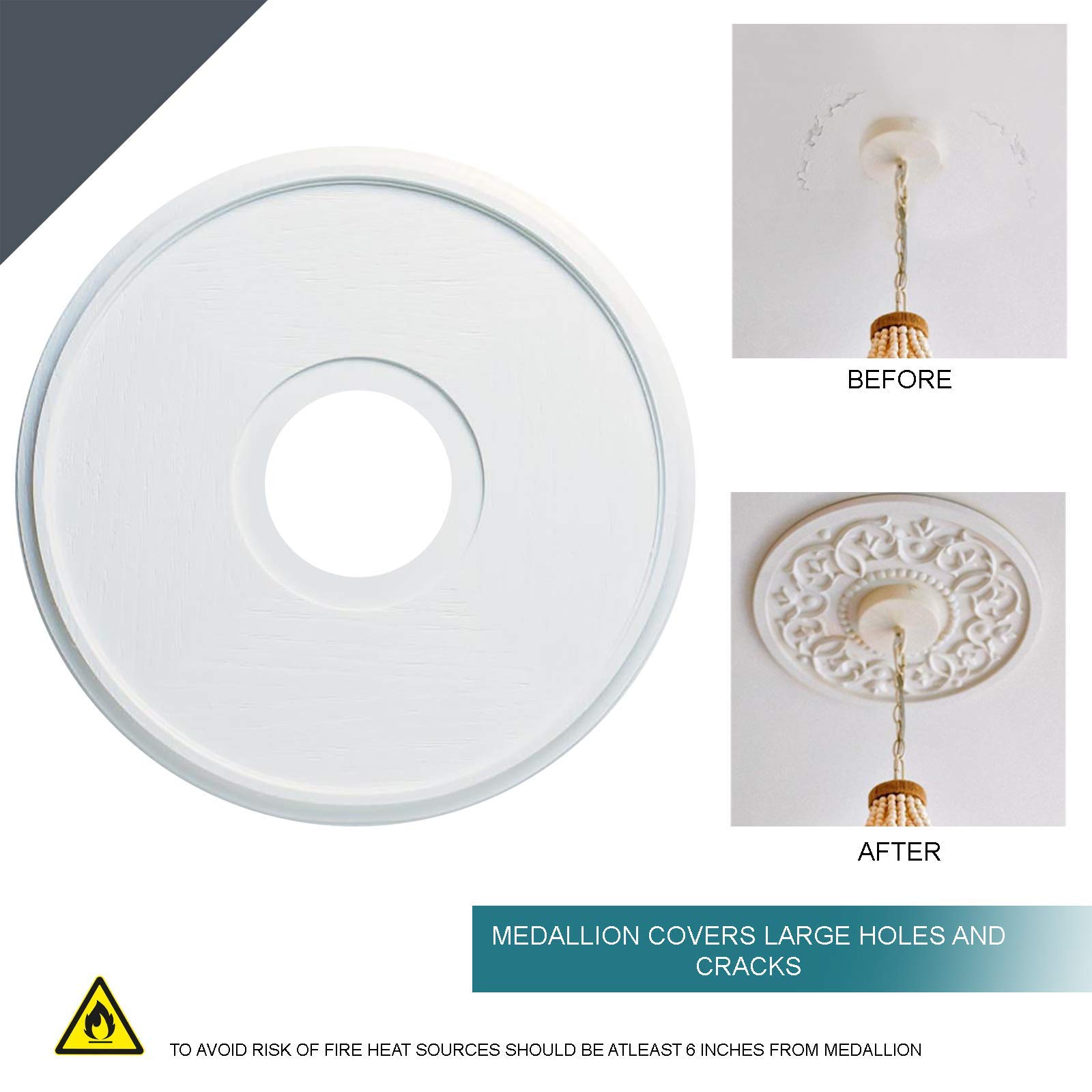 15-3/4 Inch Textured White Plastic Ceiling Medallion for Light Fixtures & Ceiling Fans - Easy Installation, Durable Molded Design (2 Pack) - Perfect for Living Room, Bedroom & Dining Room Decor