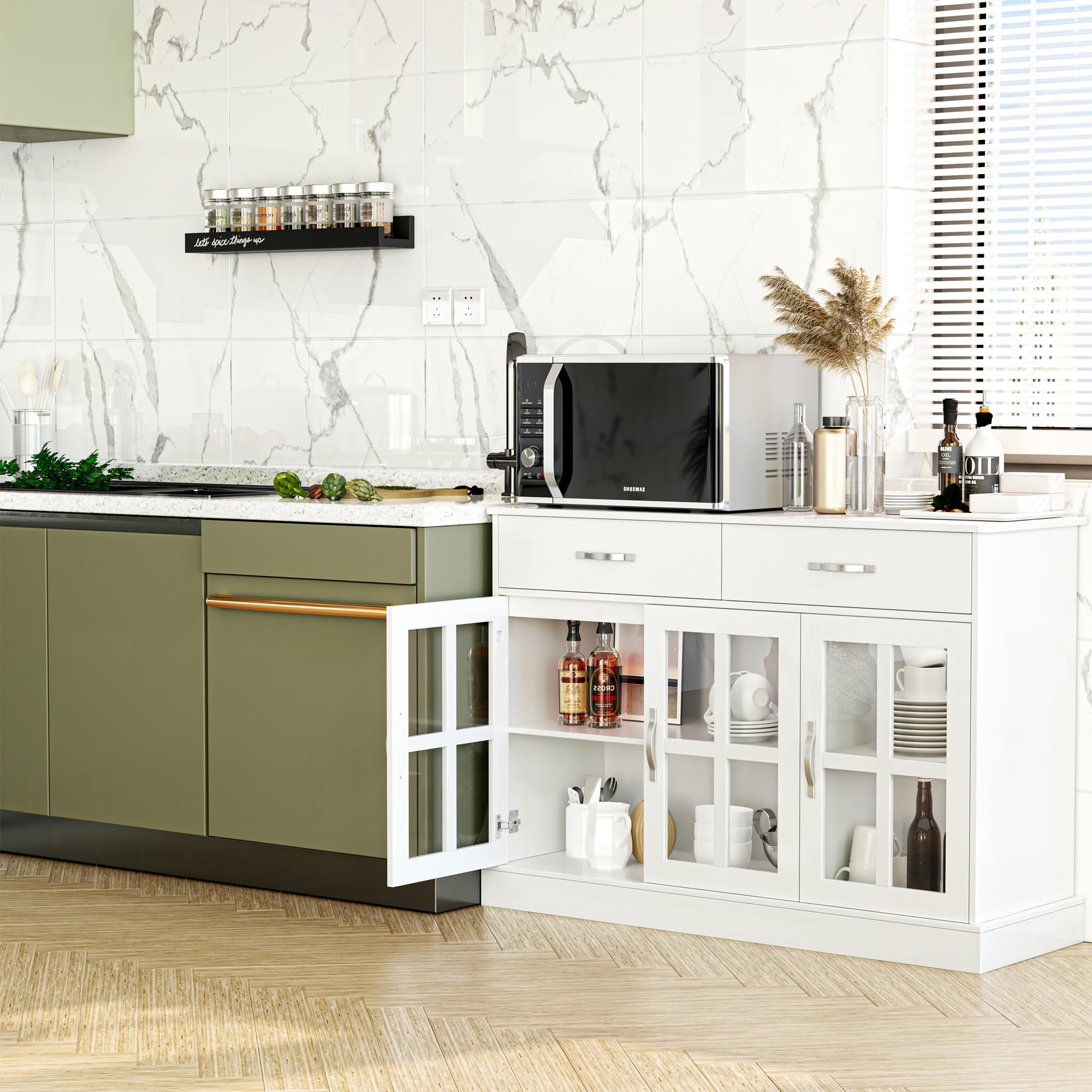FOTOSOK White Buffet Sideboard Cabinet with Glass Doors - 2 Storage Drawers & Shelves for Dining Room, Living Room | Modern Kitchen Storage Furniture for Home Organization & Entertaining