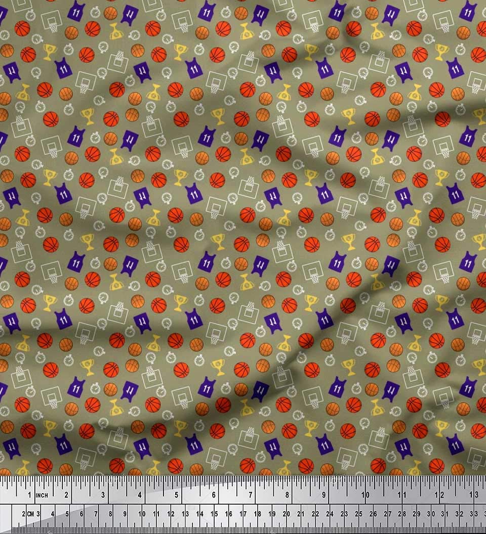 Soimoi Rayon Green Fabric by The Yard - 42 Inch Wide - Sports Championship Print with Trophy, Timer Clock & Basketball Design - Perfect for DIY Crafts, Quilting, Apparel, and Home Decor Projects