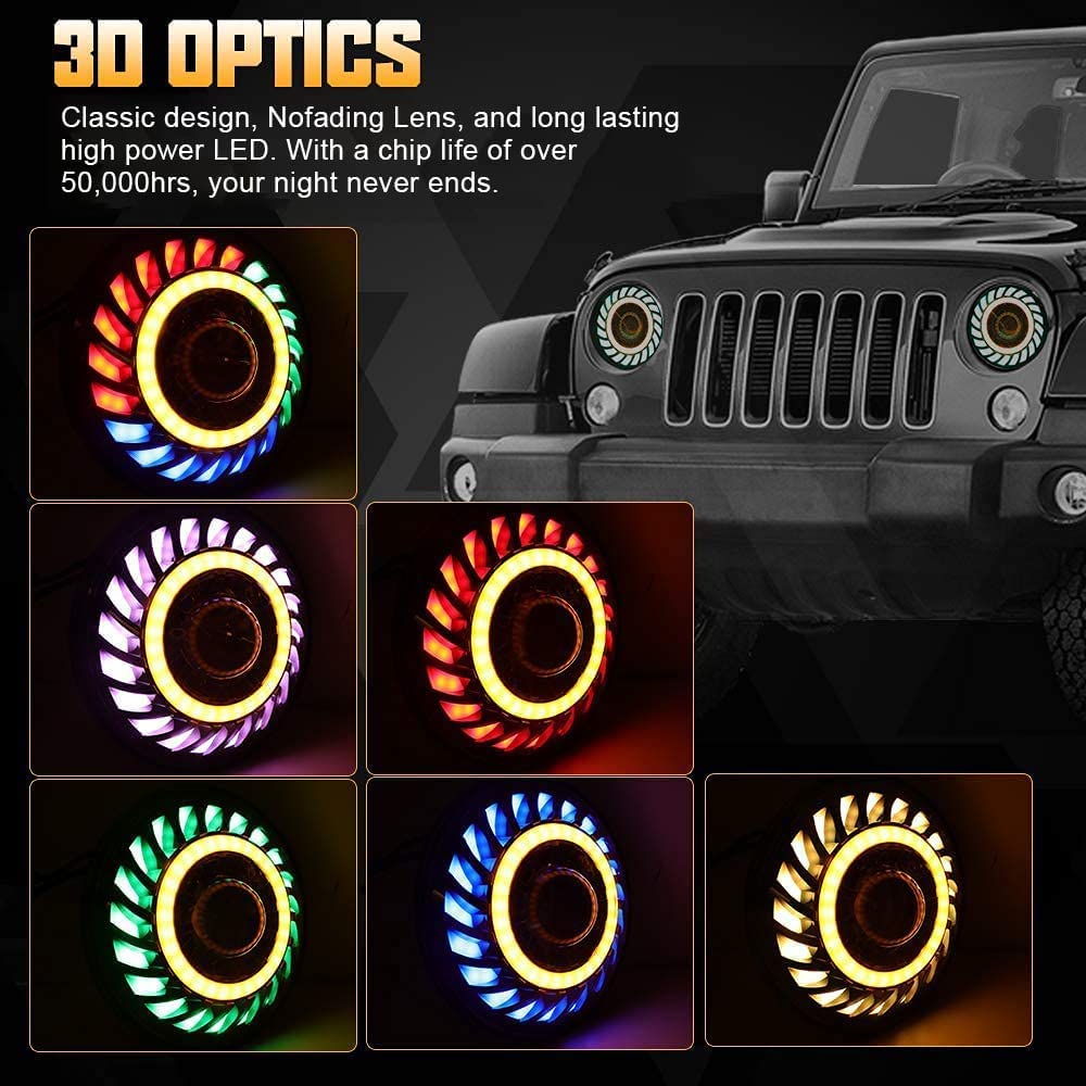 SUNPIE 7 Inch RGBW Halo LED Headlights with Rotating Fog Lights - Compatible with Jeep Wrangler JK/JKU (2007-2018) & TJ/LJ (1997-2006) - Stylish Colorful Rotating Projector for Off-Road, Night Driving & Car Customization