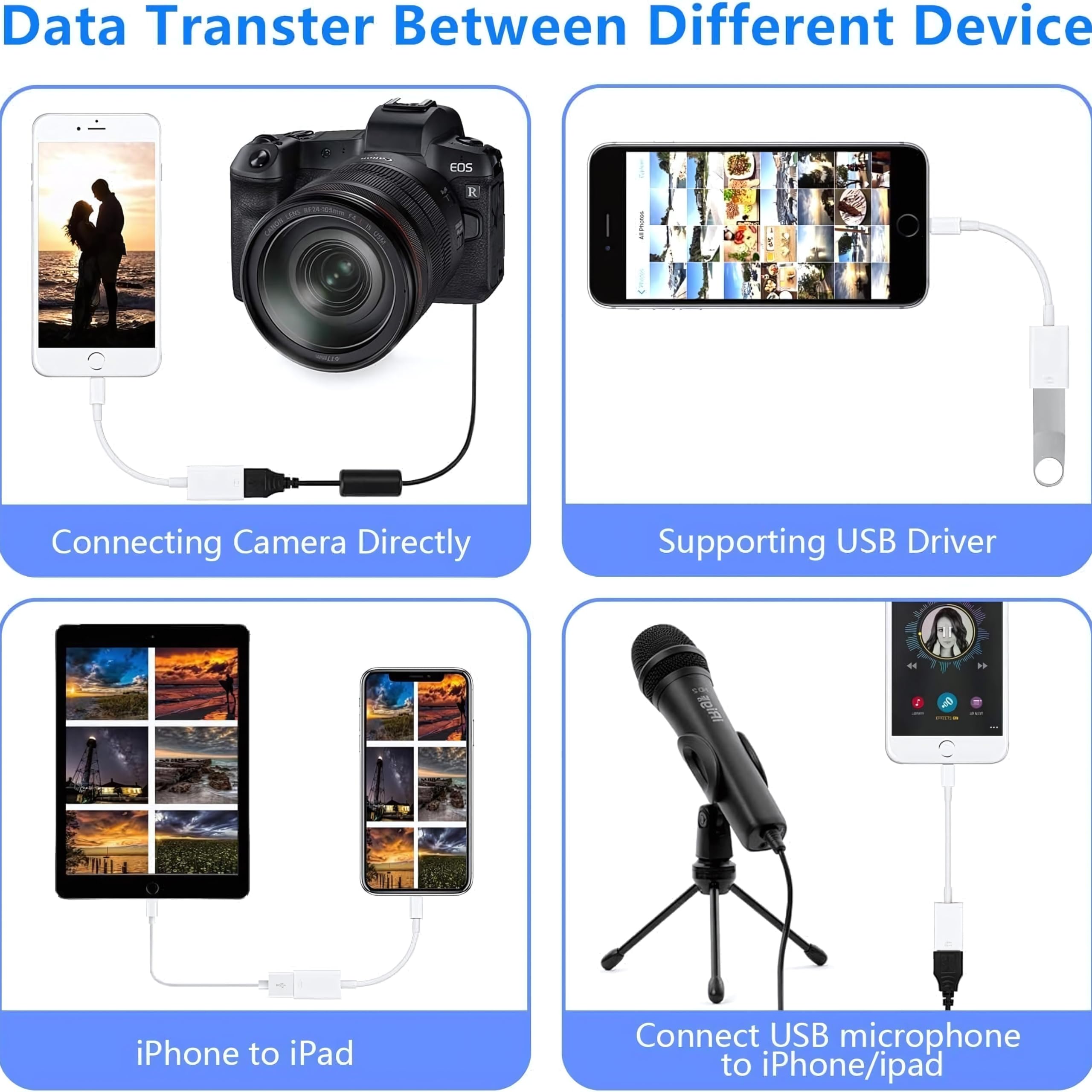 Original Title: USB Camera Adapter For iphone To USB OTG Camera Adapter USB 3.0 Adapter USB Male to Female Data Sync Supports Card Reader Keyboard Mouse Game Controller USB Flash Drive   Optimized Title: **USB 3.0 OTG Camera Adapter for iPhone - Male to Female Connector for Data Sync, Card Reader, Keyboard, Mouse & Game Controller - Compatible with USB Flash Drives (Perfect for Photography, Gaming & File Transfer)**