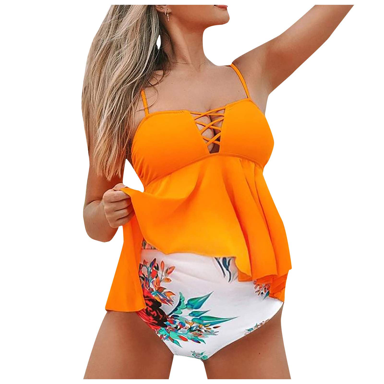 **Maternity Swimsuit Two Piece - Floral Print Pregnancy Swimwear for Women, Comfortable Beachwear & Maternity Bathing Suit (Yellow, Size L) - Perfect for Pool, Beach, and Vacation**