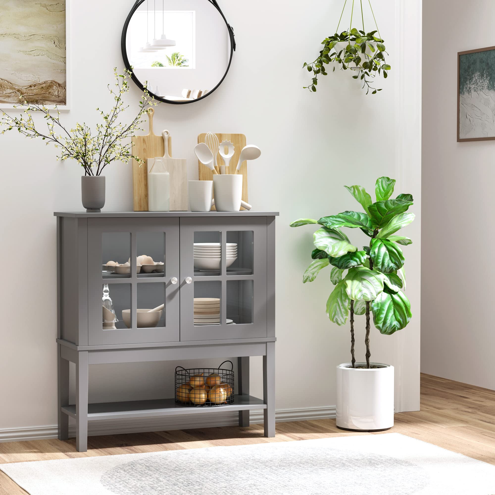 HOMCOM Modern Grey Coffee Bar Cabinet with 2 Glass Doors - Adjustable Shelves Kitchen Buffet Sideboard for Dining Room, Living Room & Home Bar Storage