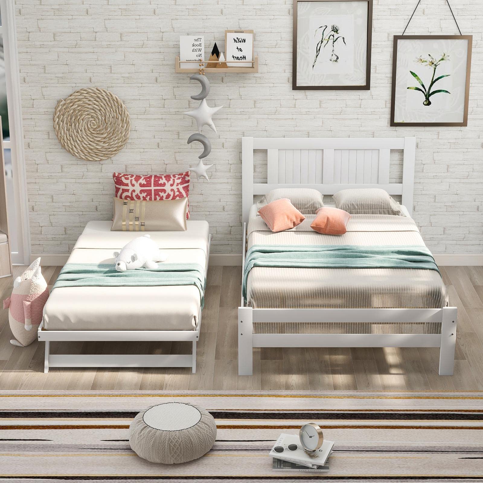 JINS&VICO White Full Size Wooden Platform Bed with Headboard & Trundle Set - Wood Slat Support, Easy Assembly - Perfect for Guest Rooms, Kids' Bedrooms & Small Spaces