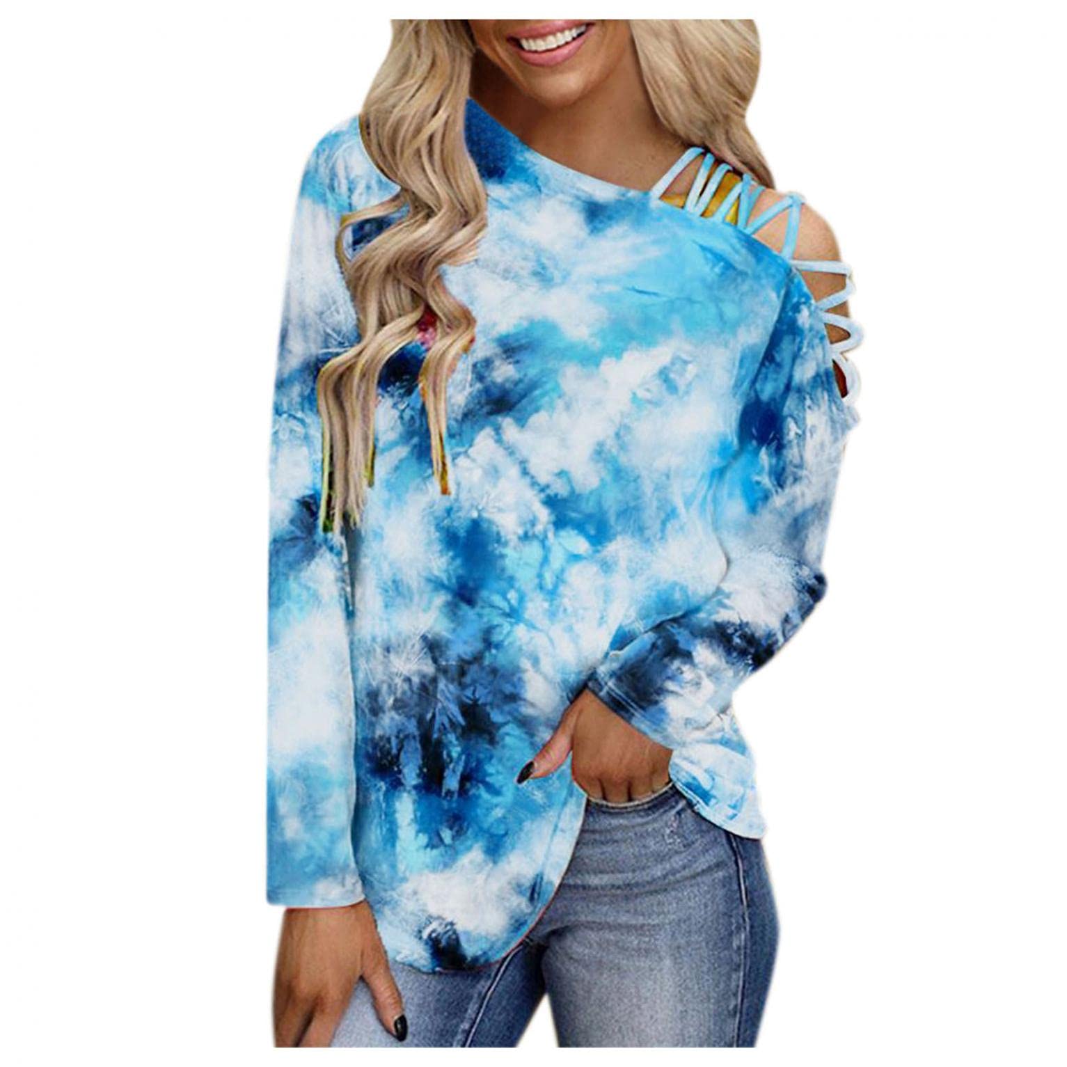FABIURT Women's Long Sleeve T-Shirt - Fashion Gradient Loose Casual Blouse with Cold Shoulder Design | Perfect for Everyday Wear, Office Outfits & Weekend Casual Style