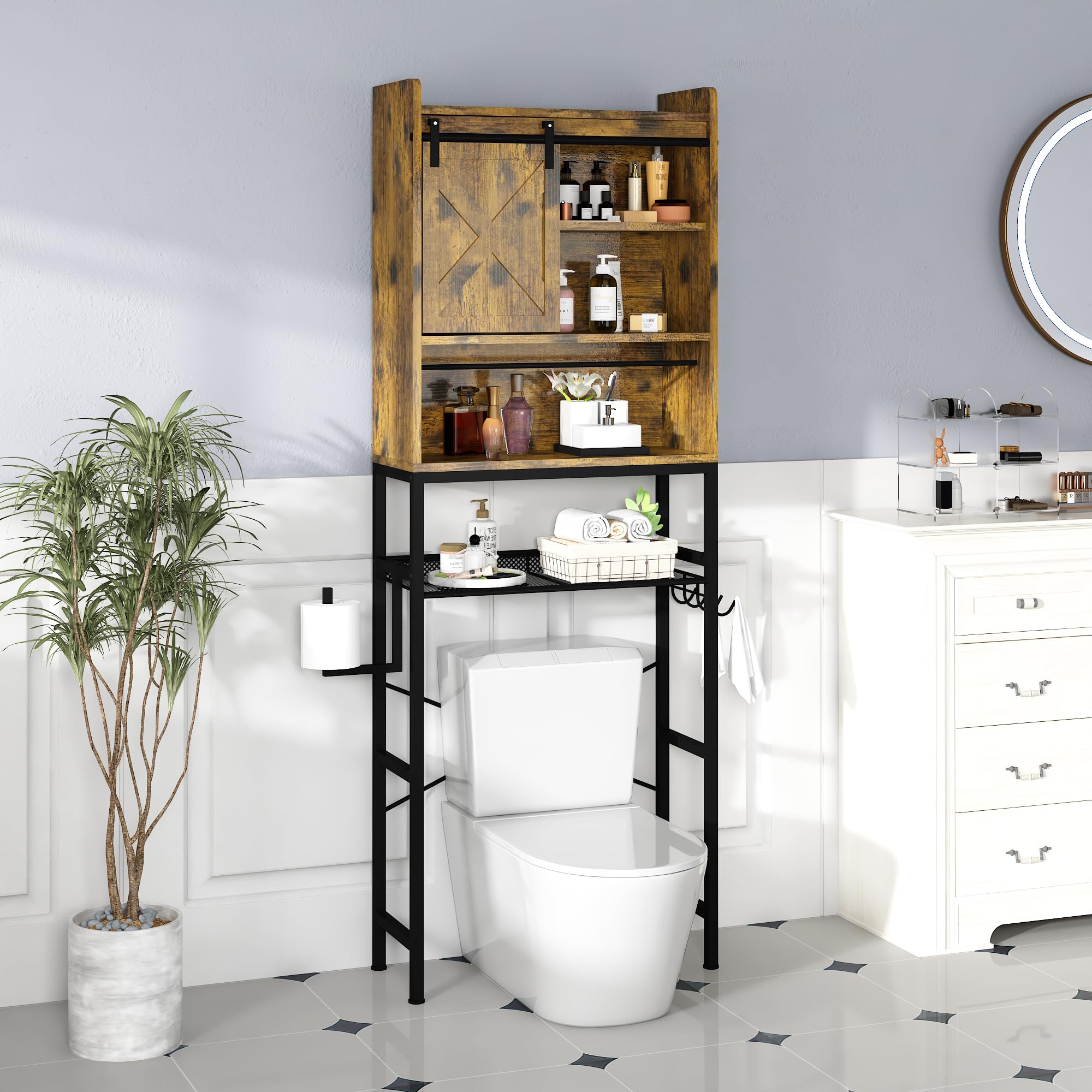 AWQM Over The Toilet Storage Cabinet - Freestanding Bathroom Organizer with Adjustable Shelves, X-Shaped Metal Frame & Barn Door Design | Space Saving Toilet Storage for Bathroom Essentials | Perfect for Small Bathrooms, Apartments & Powder Rooms (Retro Brown)