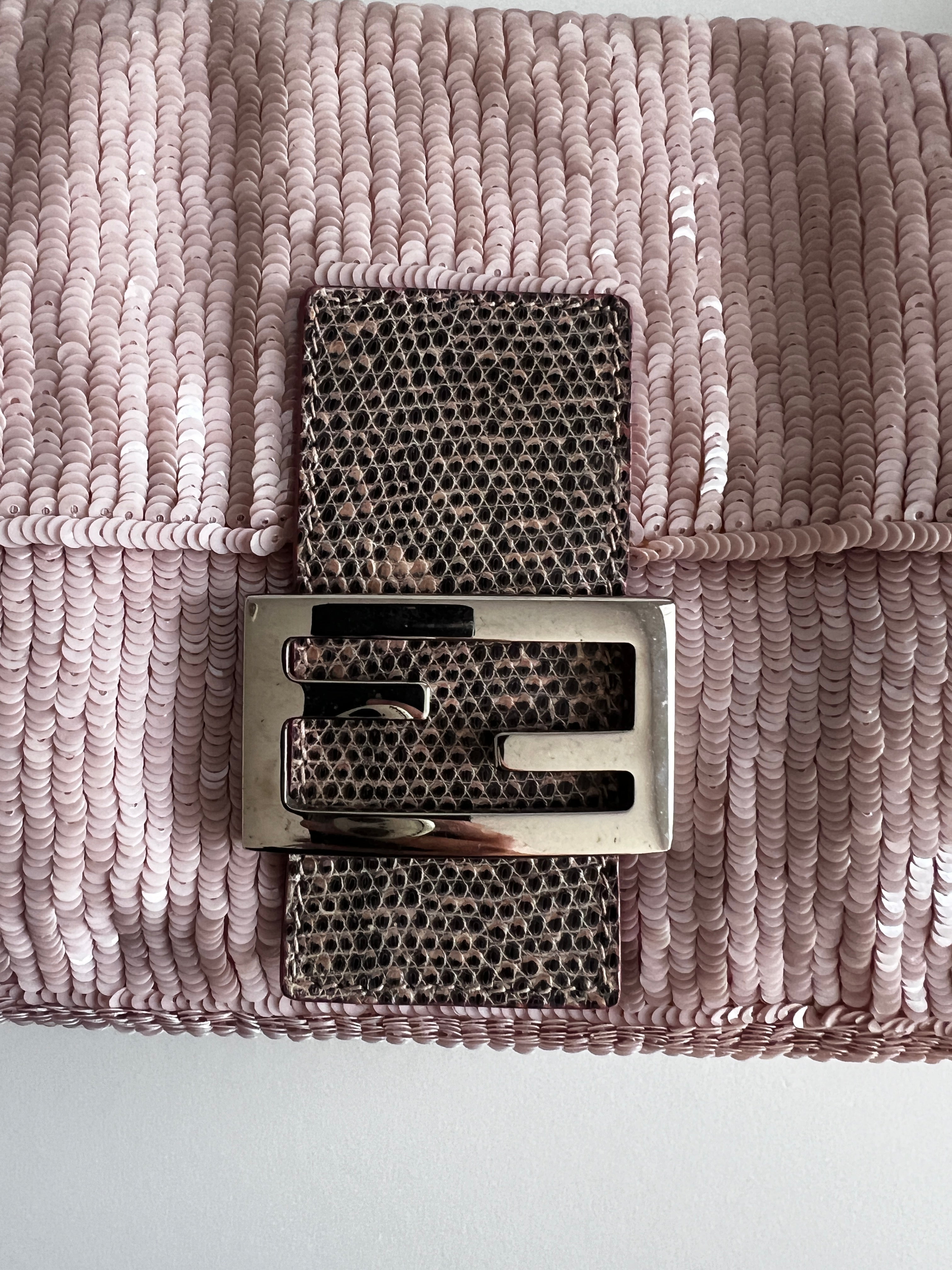 Vintage Fendi Sakura Pink Sequin Baguette Bag - Luxury Designer Shoulder Purse for Women, Perfect for Evening Parties & Special Occasions