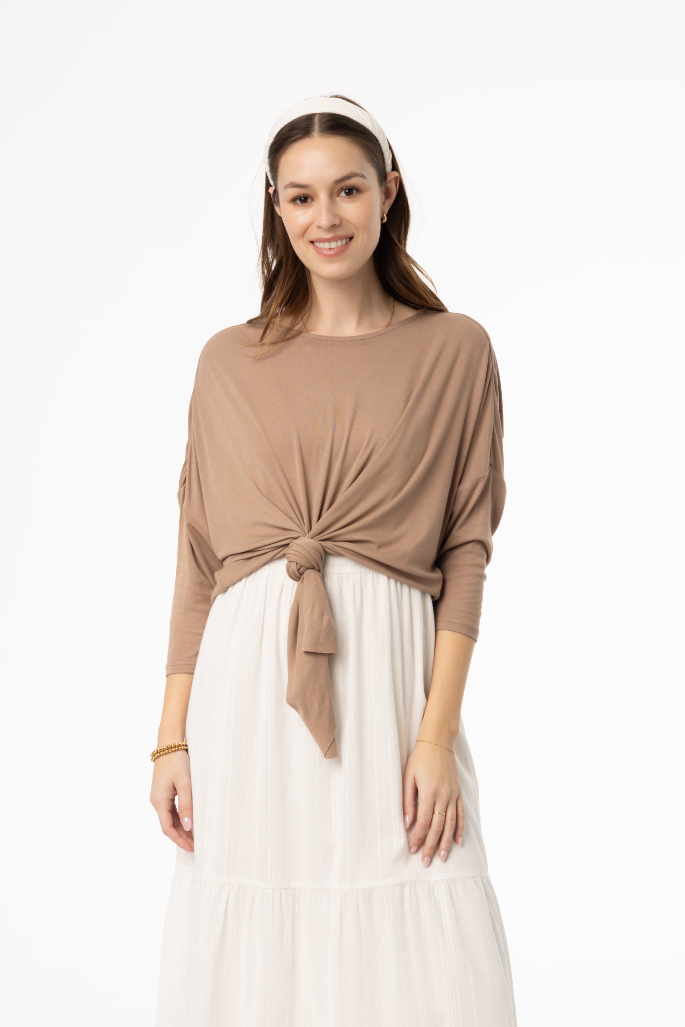 Mocha Dolman Tie Knot Tee - Women's Fashion Tops for Casual Wear, Office Outfits & Date Nights