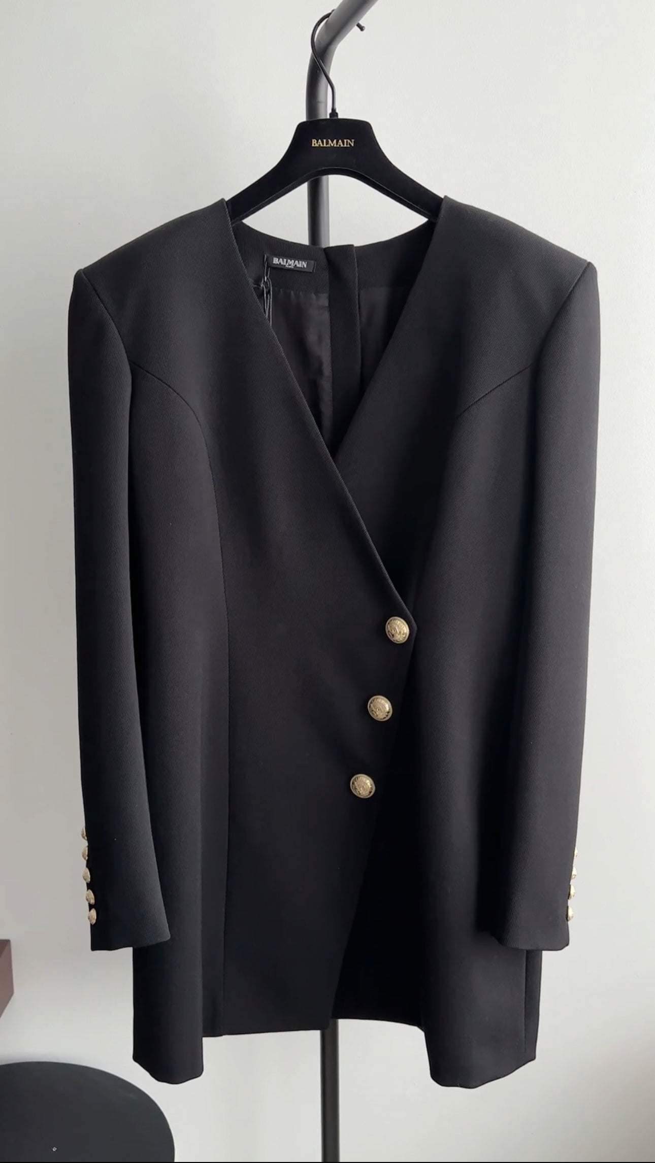Balmain Black Wool Cache Coeur Blazer Dress with Gold Buttons - Women's Size 12 US | Elegant Office Wear & Evening Cocktail Dress