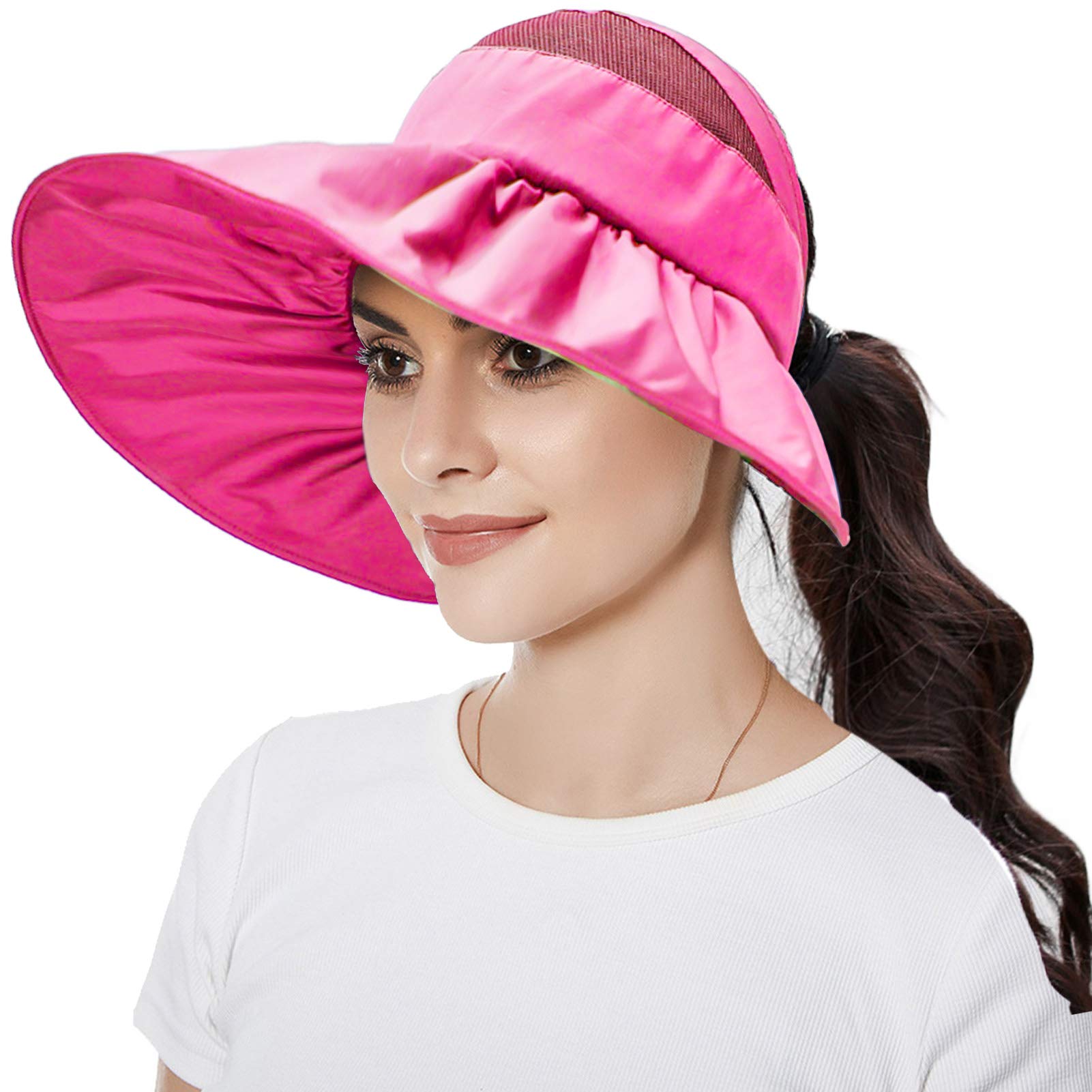 Women's Wide Brim Sun Hat - UPF 50+ Sun Protection, Foldable & Packable Summer Beach Hat for Outdoor, Travel, Gardening - Rose Red Solid Color Sunscreen Hat