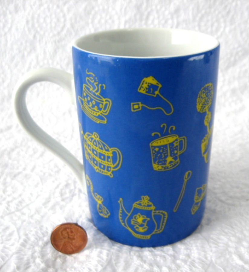 Bonjour French Tea Time Ceramic Mug - 10oz Blue & Yellow Design - Perfect for Morning Coffee, Afternoon Tea & Gifts - Made in Germany