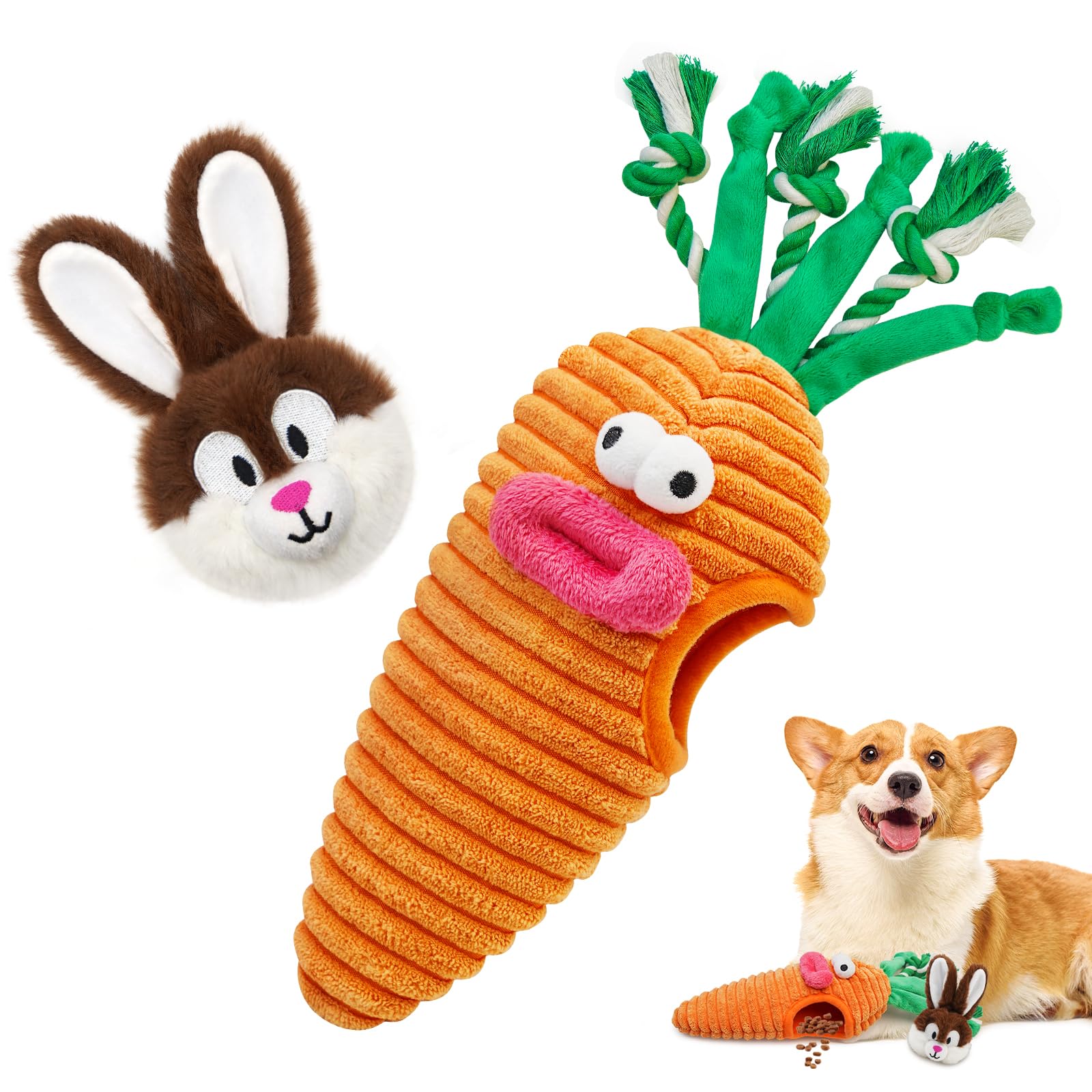 Easter Dog Toys for Small & Medium Dogs - Hide & Seek Squeaky Puzzle Toys with Rope, Cute Bunny & Carrot Design - Interactive Chew Toys for Teething Puppies - Perfect Easter Gift for Dogs & Fun Indoor Playtime