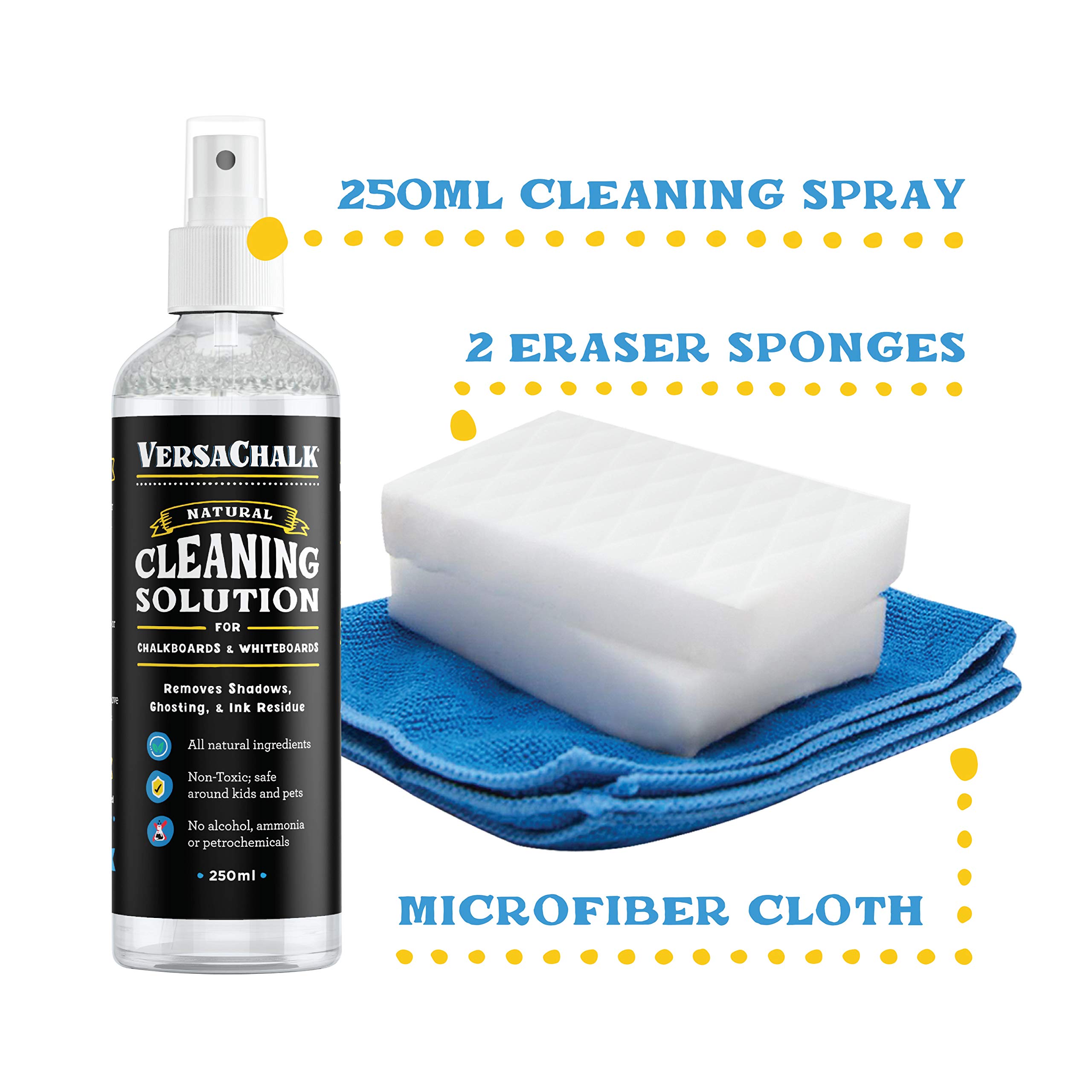 VersaChalk 100% Natural Chalkboard Cleaner Spray & Eraser Kit (30 mL) - Remove Liquid Chalk Marker from Chalkboard, Whiteboard & Blackboard - Perfect for Restaurants, Classrooms & Office Signs