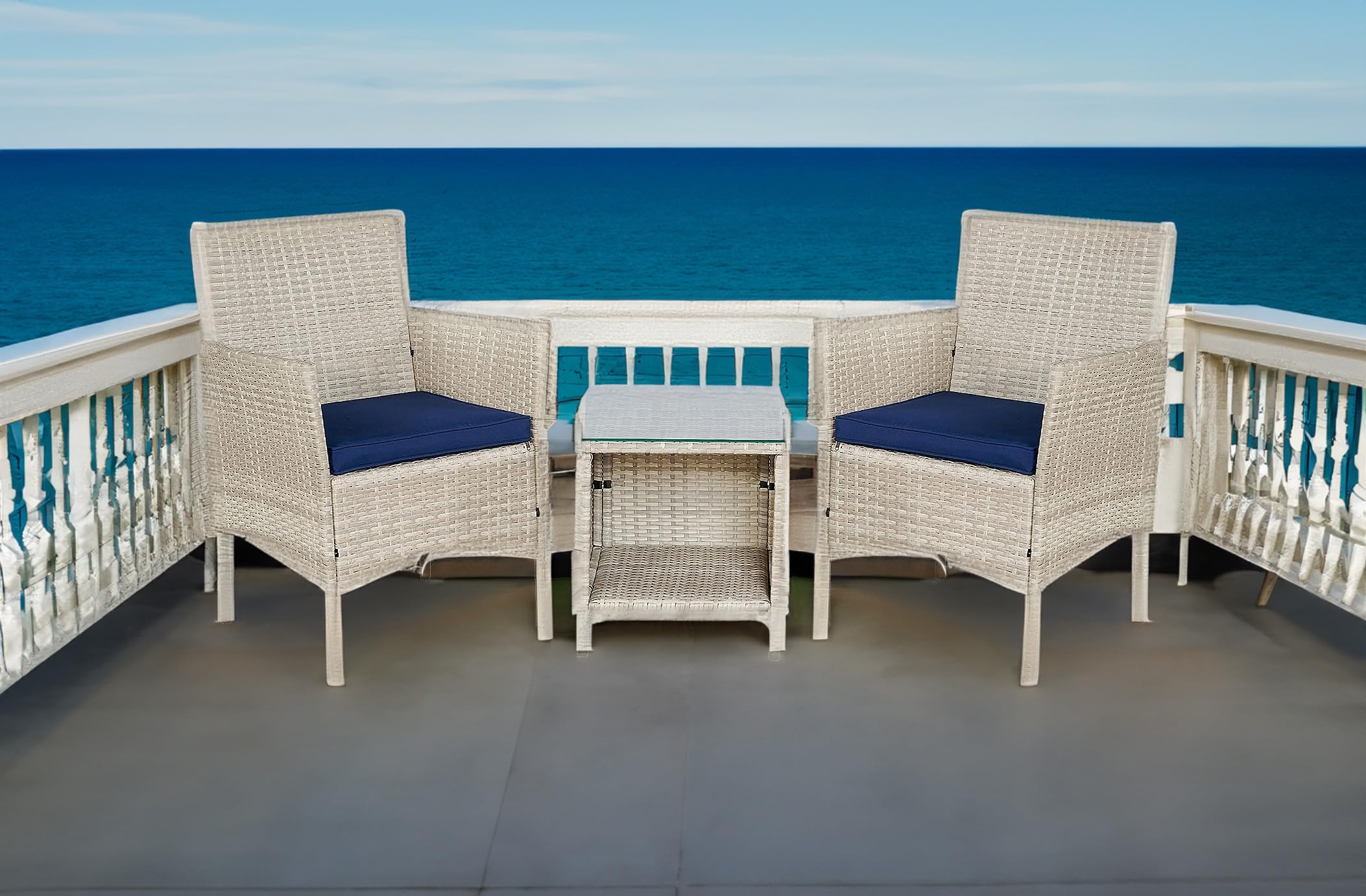 BTEXPERT 3-Piece Outdoor Wicker Bistro Set with Cushions - Patio Garden Furniture Conversation Set with Rattan Chairs & Glass Table (Stone Gray/Navy Blue) - Perfect for Small Spaces, Porch, Yard or Balcony Decor