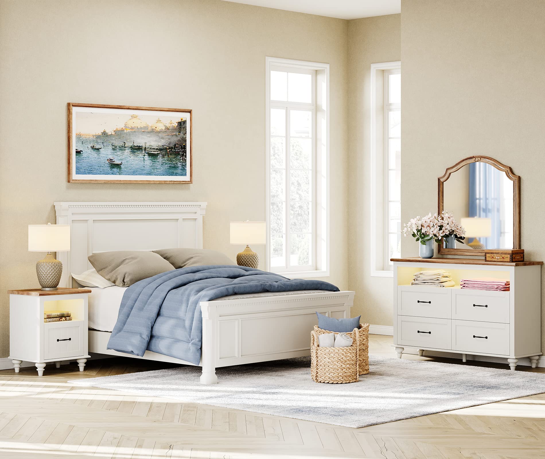 Mid-Century Modern 2-Piece Dresser and Nightstand Set - White 4-Drawer Dresser with Open Shelf & LED End Table with Large Drawer - Perfect for Bedroom Storage and Organization