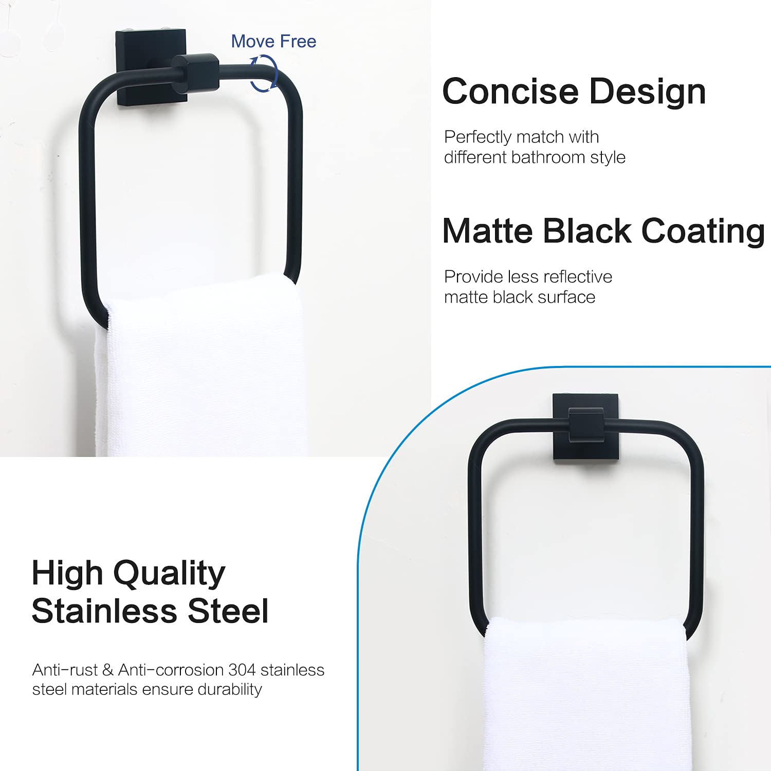 Stainless Steel Square Hand Towel Ring - Modern Matte Black Wall Mounted Bathroom Towel Holder for Kitchen & Guest Room - Durable & Stylish Home Decor Accessory