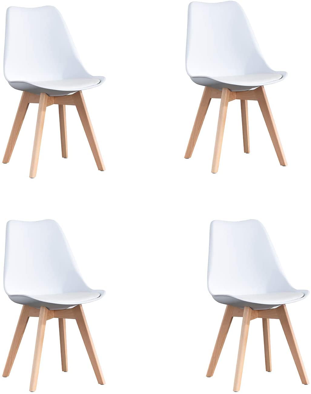 Scandinavian Modern Dining Chairs Set of 4 - Solid Beech Wood Legs with Padded Upholstered Seats in White - Perfect for Kitchen, Dining Room or Breakfast Nook