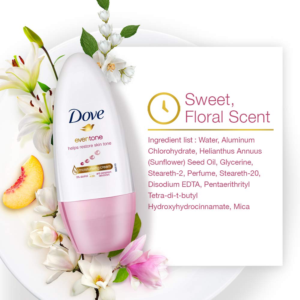 Dove Eventone Deodorant Roll-On for Women – Alcohol-Free & Paraben-Free Antiperspirant – Odor Protection & Fresh Skin – 50ml – Perfect for Daily Use at Work, Gym & Outdoor Activities
