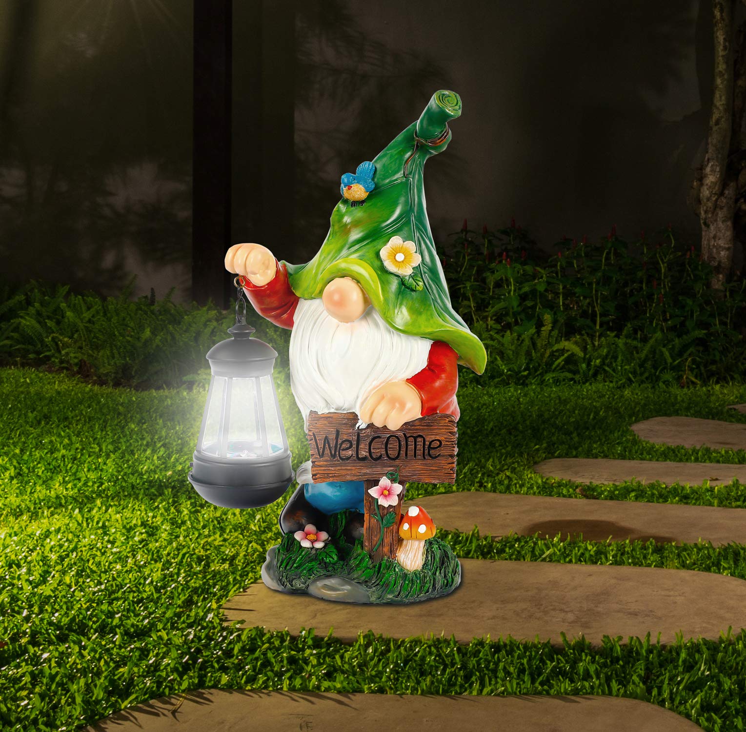Solar-Powered Garden Gnome Statue with LED Lights & Welcome Sign - Waterproof Resin Outdoor Decor for Patio, Lawn, Garden & Indoor Use - Perfect for Nighttime Illumination & Home Decoration