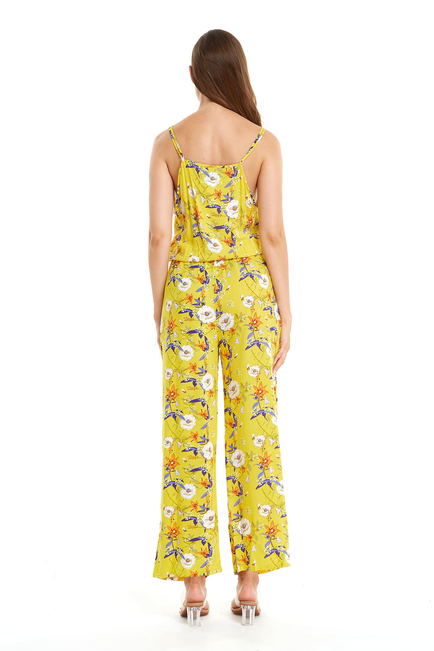 Hawaiian Luau Matching Mother Daughter Jumpsuit Romper - V-Neck Strap Floral Print in Garden Poppy Yellow | Beach Vacation, Family Photo Outfits, Summer Party Wear