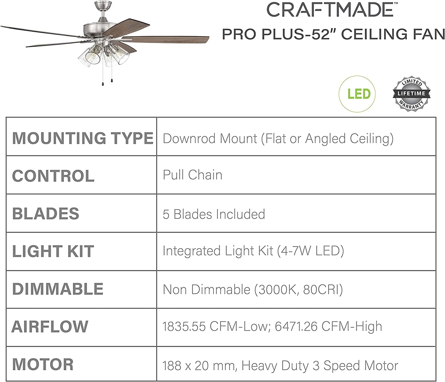 Craftmade S104BNK5-60DWGWN 60 Inch Indoor Ceiling Fan with LED Light Kit, 5 Reversible Driftwood/Grey Walnut Blades, Brushed Nickel Finish - Perfect for Living Room, Bedroom, or Patio Cooling and Lighting