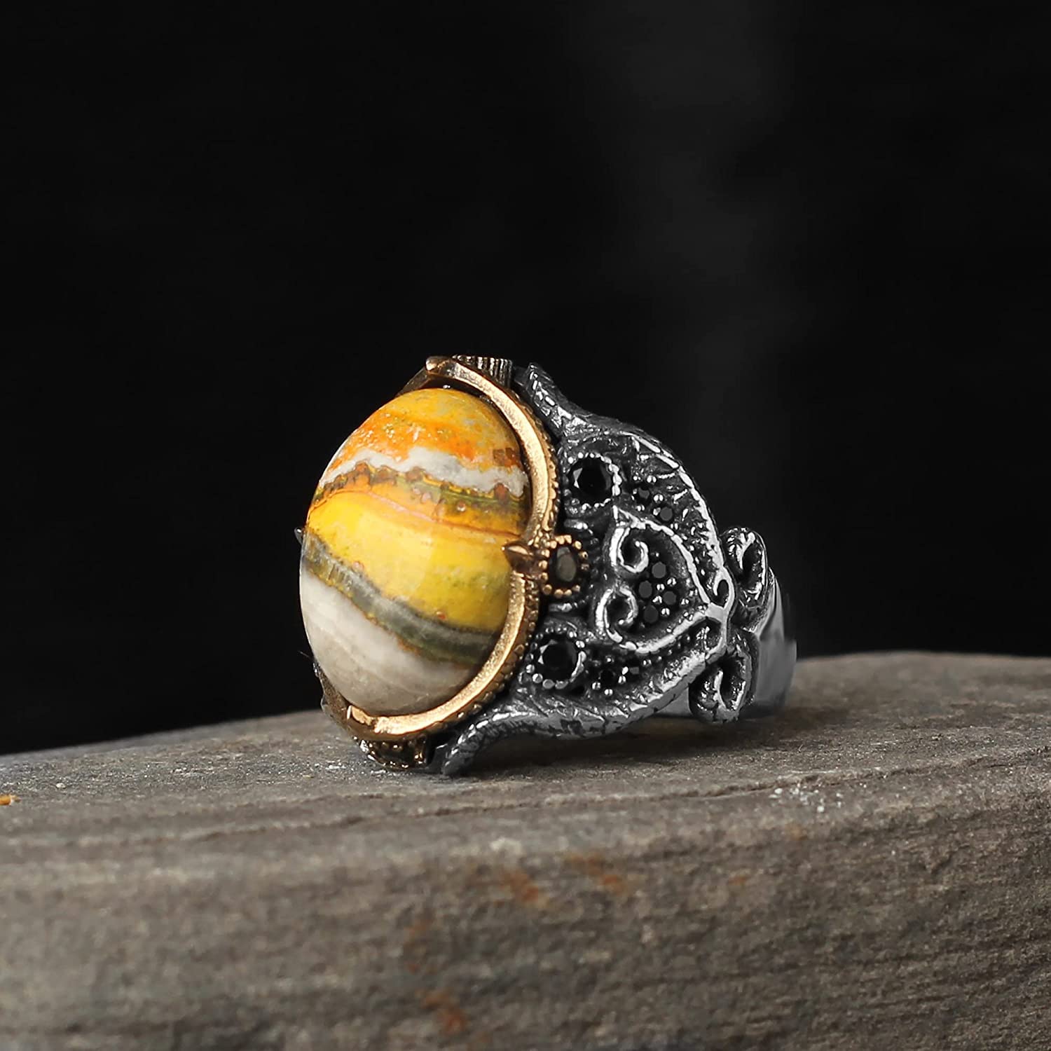 925 Sterling Silver BumbleBee Jasper Gemstone Ring for Men - Handmade Ottoman Turkish Style Jewelry - Unique Gift for Boyfriend, Husband, Father | Perfect for Birthdays, Anniversaries & Special Occasions
