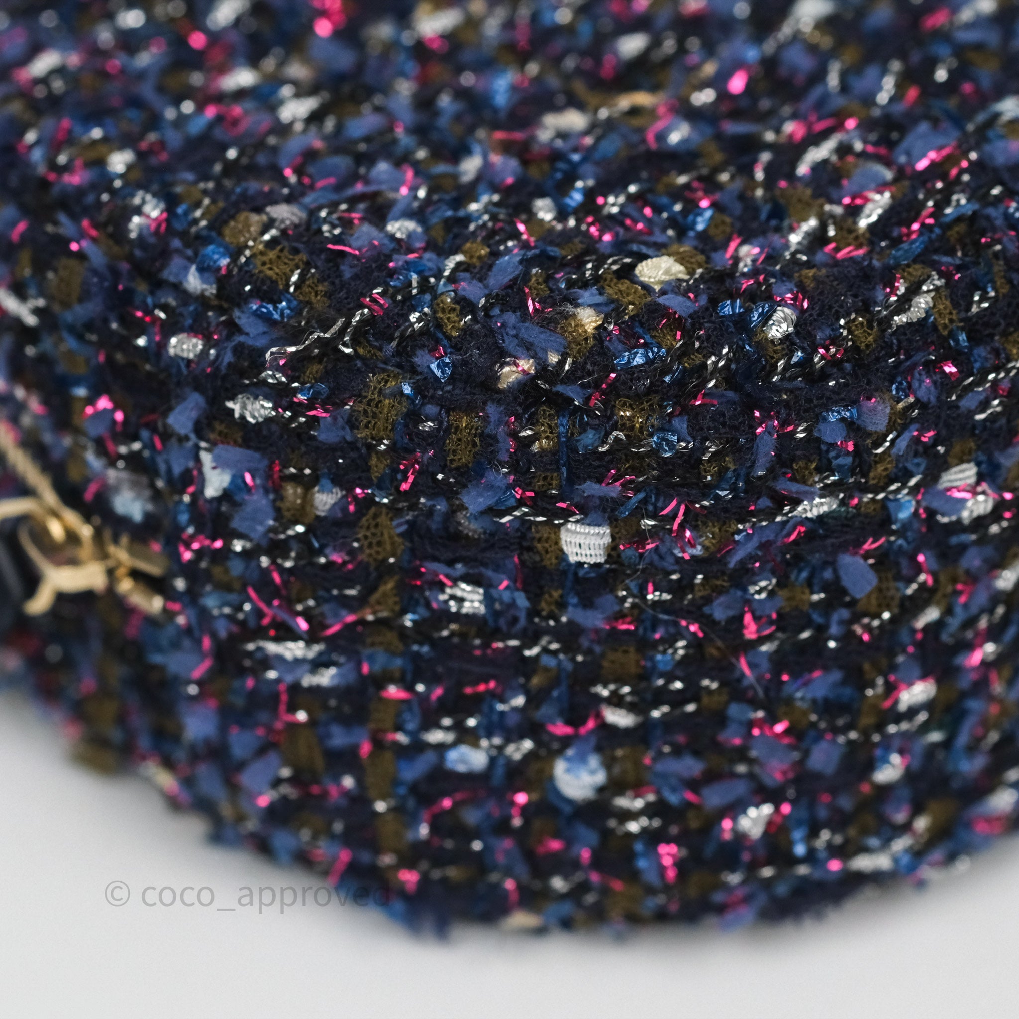 Chanel Navy Purple Tweed Round Clutch Bag with Chain & Aged Gold Hardware - Elegant Evening Clutch for Parties, Weddings & Special Events