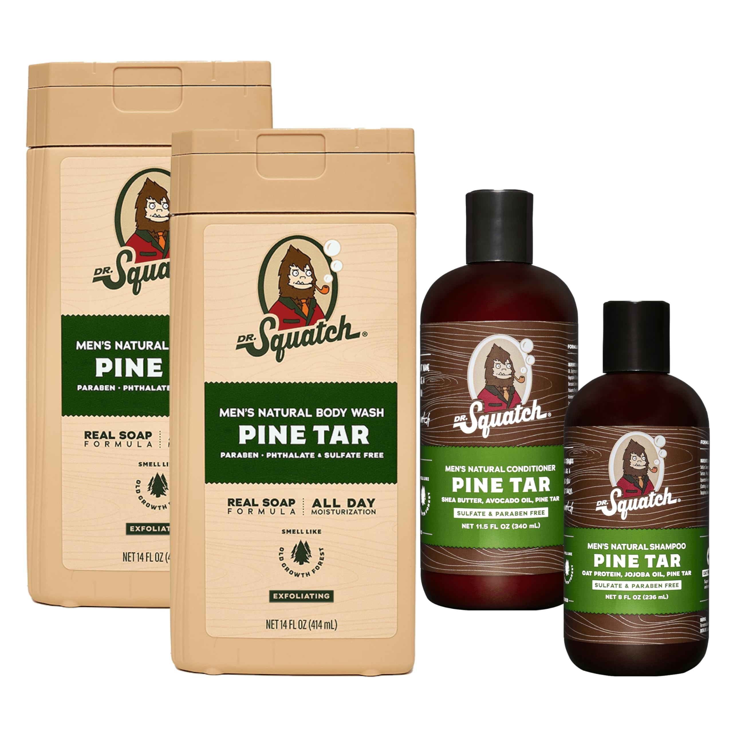 Dr. Squatch Natural Men's Body Wash & Hair Care Gift Set - Pine Tar Scent, Exfoliating Body Wash (14 oz, 2 Pack) + Shampoo (8 oz) + Conditioner (11.5 oz) - Perfect for Gifts, Travel & Daily Skincare Routine
